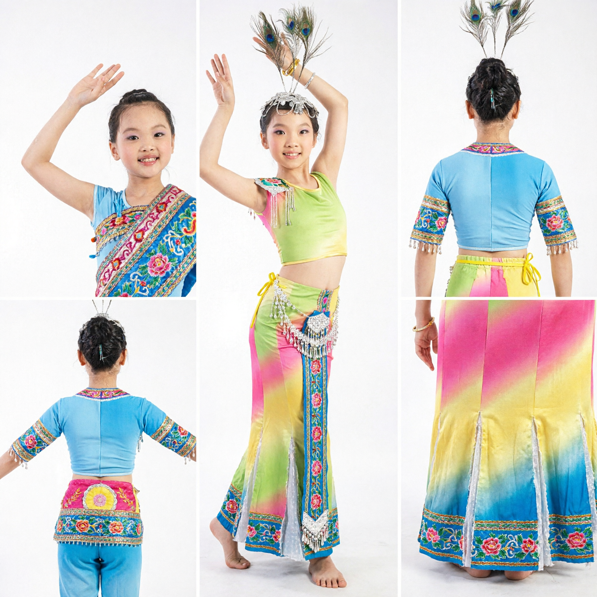 Kinder Chinesisches Pfauentanz-Kostüm Mädchen Dai-Minderheiten Ethnische Bühnenauftritts-Outfit mit Federn - Asian Costume