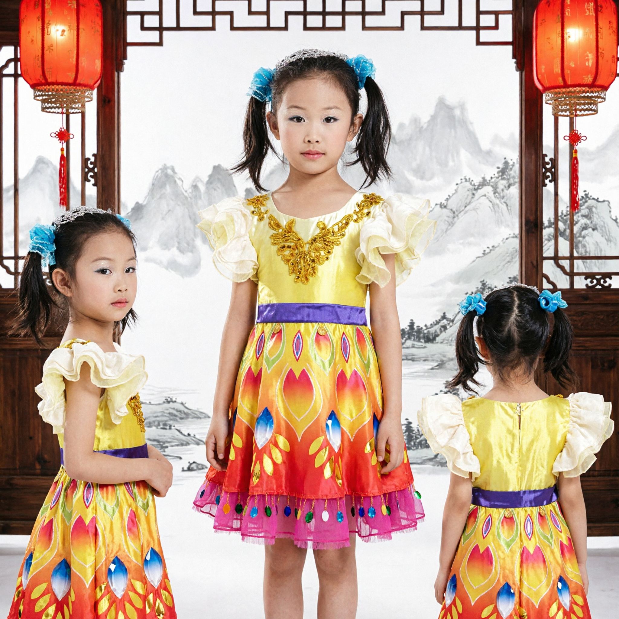 Mädchen Chinesisches Traditionelles Volkstanz-Kostüm Gelbes Lotus-Kleid Kinder Auftritts-Bühnen-Outfit - Asian Costume