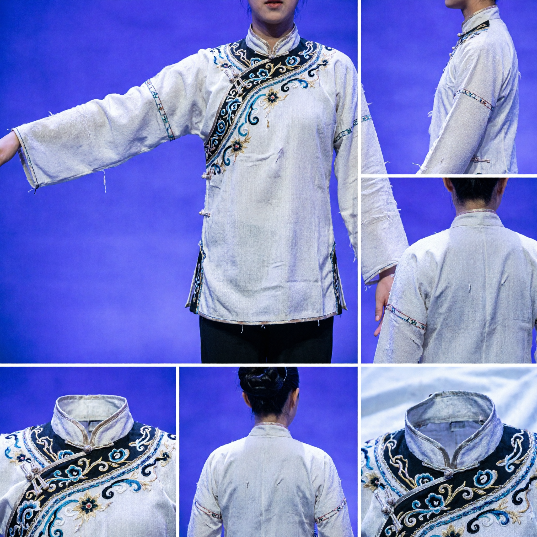 Costume Professionale Danza Popolare Cinese Pantaloni Neri Top Bianco con Lunghe Fasce di Seta per Spettacoli Teatrali - Asian Costume