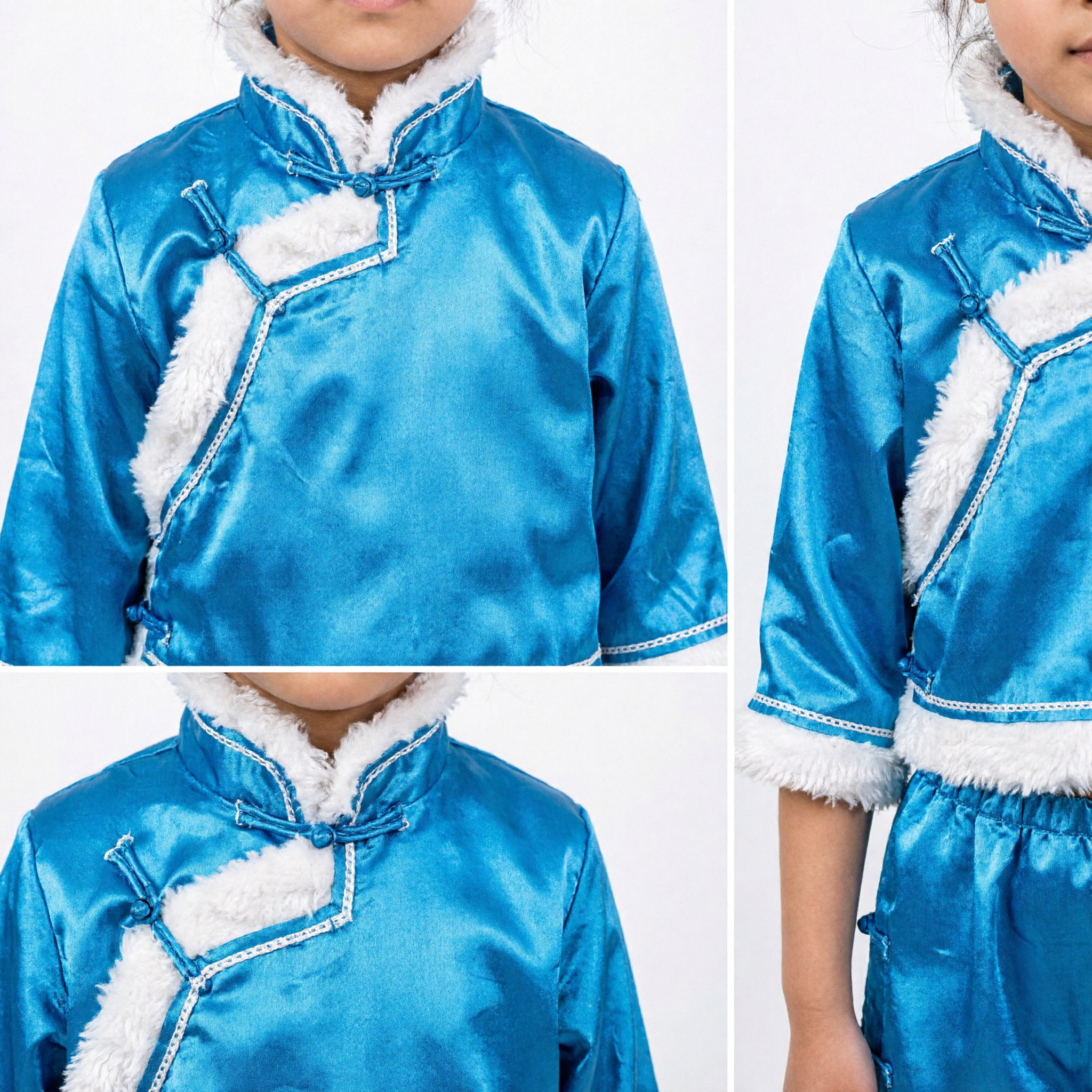 Kinder Blaues Traditionelles Chinesisches Tanz-Kostüm Mädchen Ethnische Bühnenauftritts-Outfit mit Weißem Pelzbesatz Set - Asian Costume