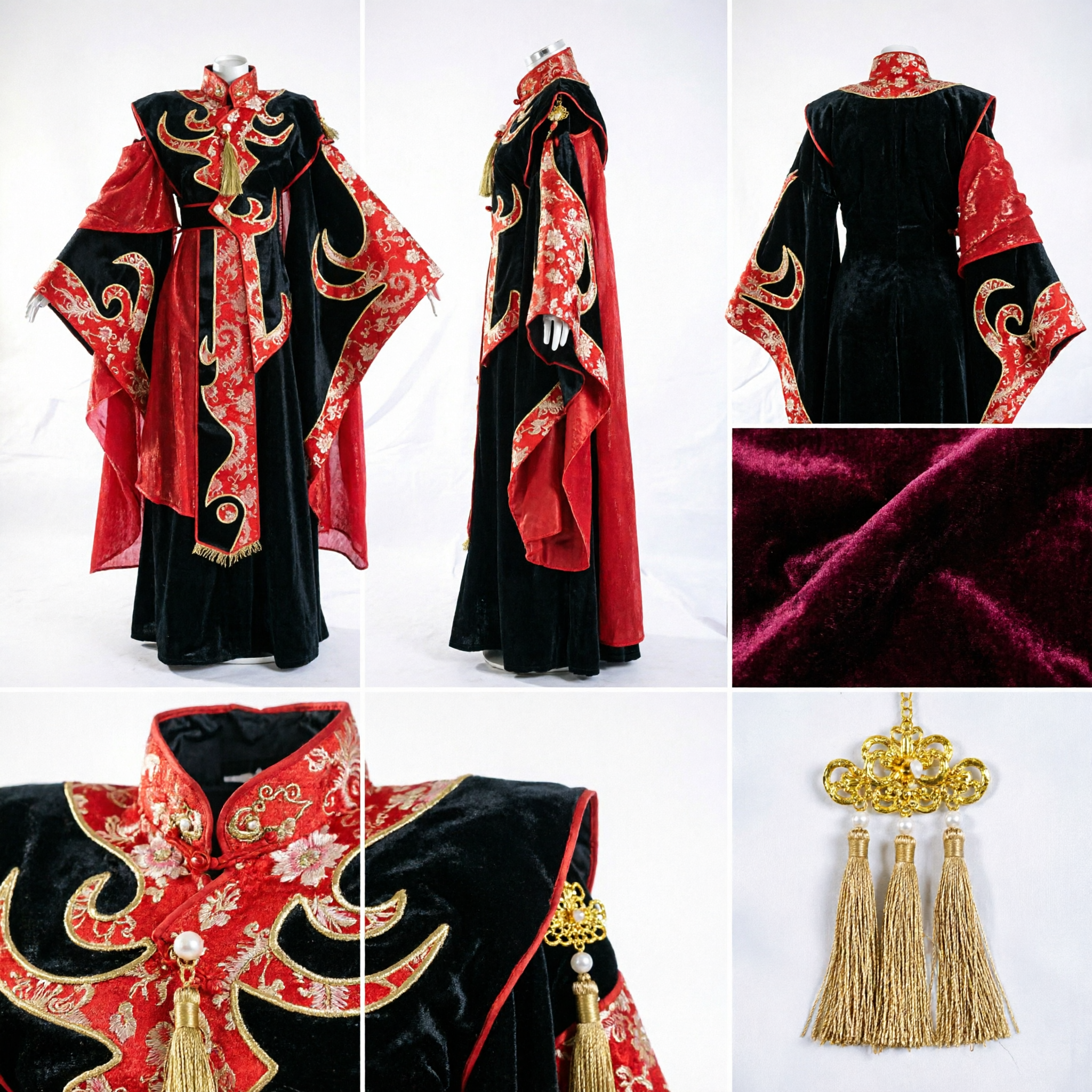 Traditionelles Chinesisches Wuxia-Kampfkunst-Kostüm Schwarz Rot Gold Bestickter Umhang für Männer - Asian Costume
