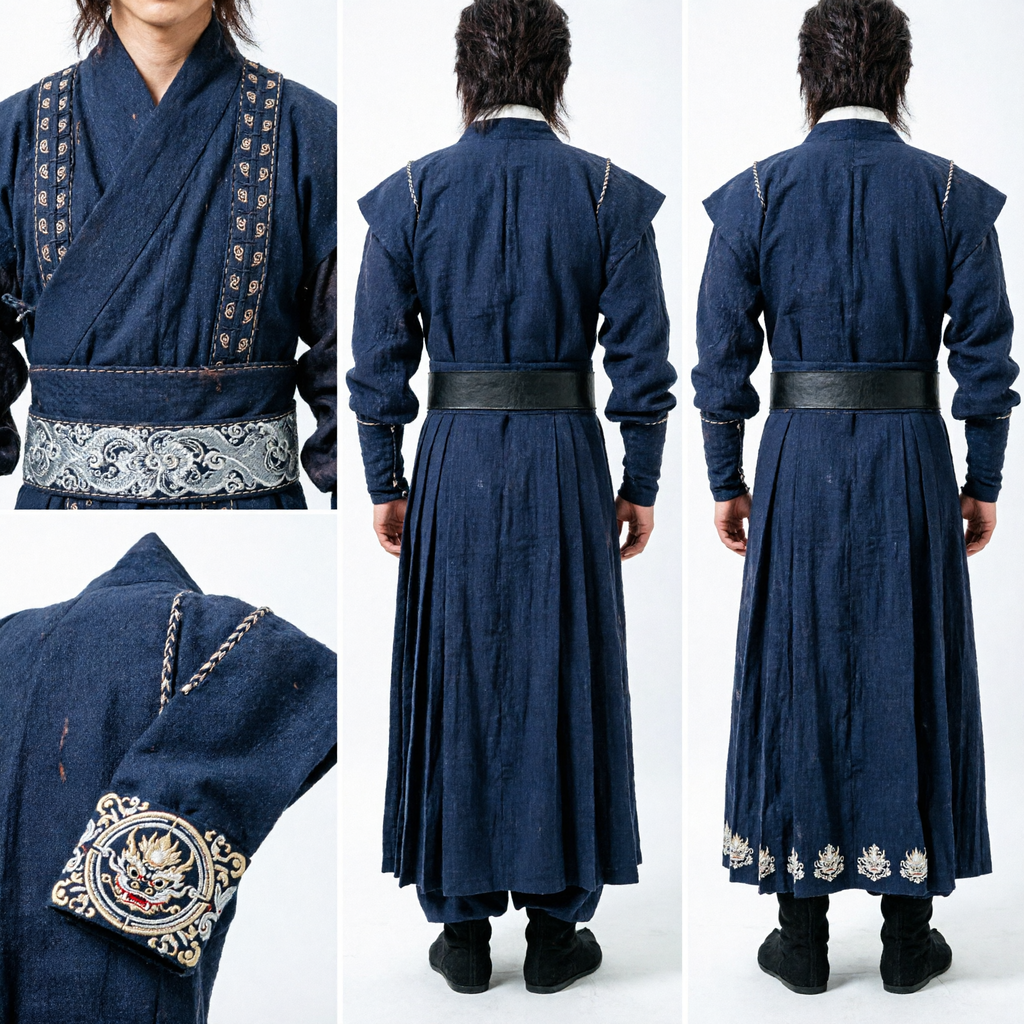 Costume Hanbok Coréen Traditionnel de Guerrier Bleu Foncé pour Hommes, Longue Robe pour Cosplay et Reconstitution Historique - Asian Costume