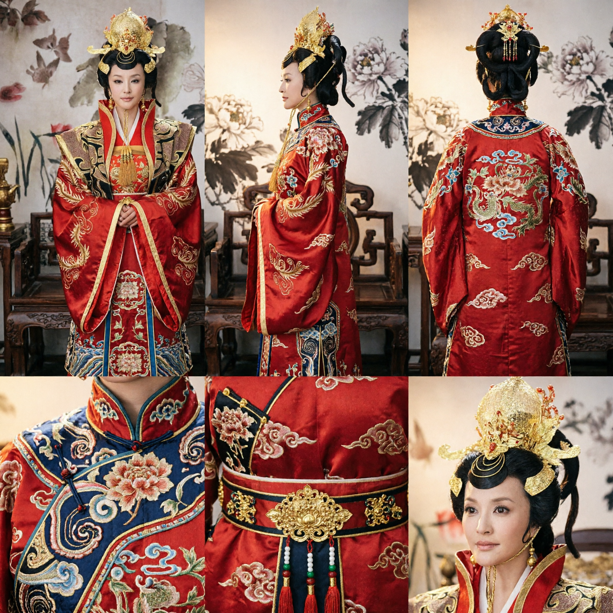 Traditionelles chinesisches antikes Kaiserinnen-Kostüm Tang-Dynastie Königliches Rotes Gewand Komplettset mit goldenem Kopfschmuck für Frauen - Asian Costume