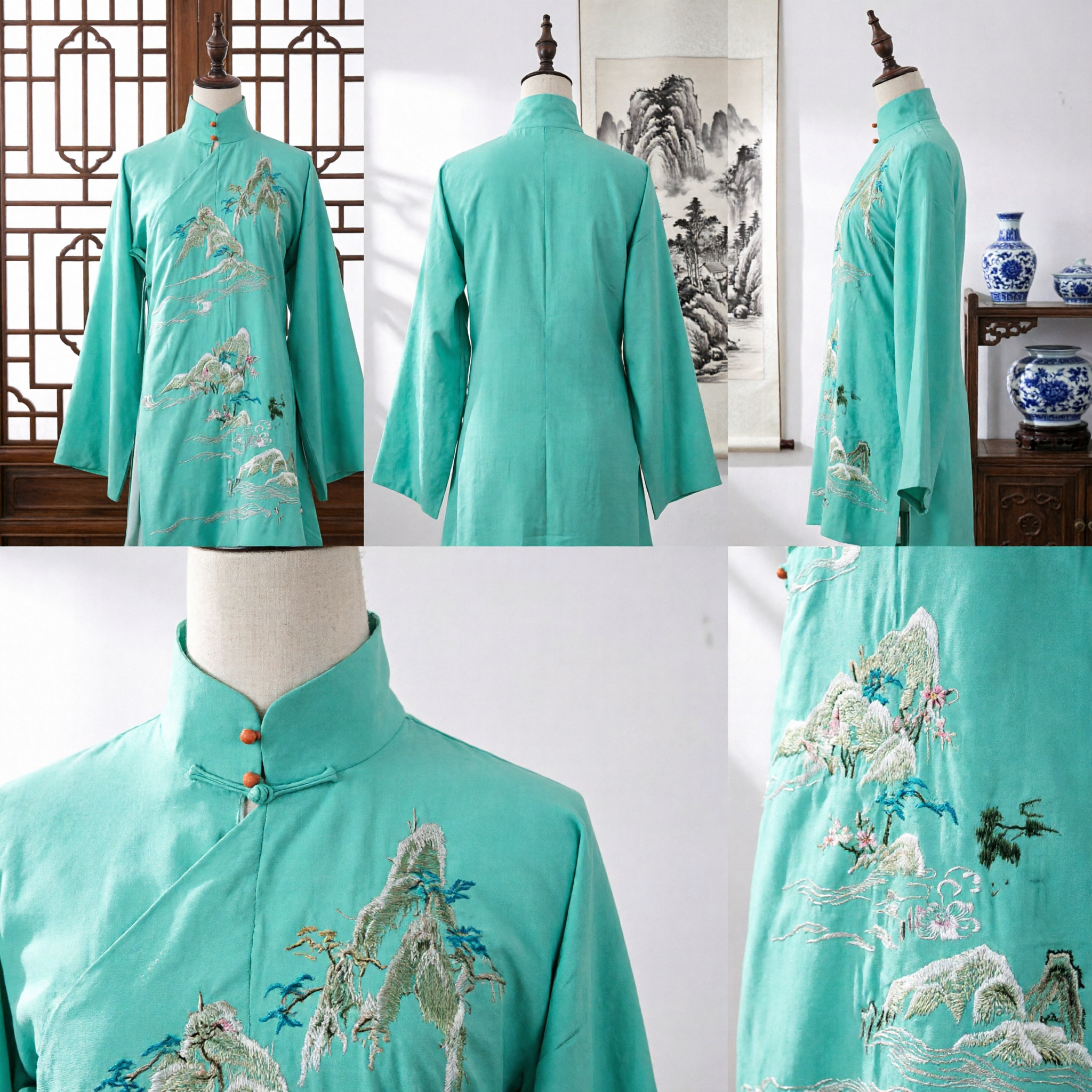 Teal Traditional Chinese Tang Suit Top Silk Embroidered Mountain Cloud Pattern Kung Fu Shirt for Men - Asian Costume