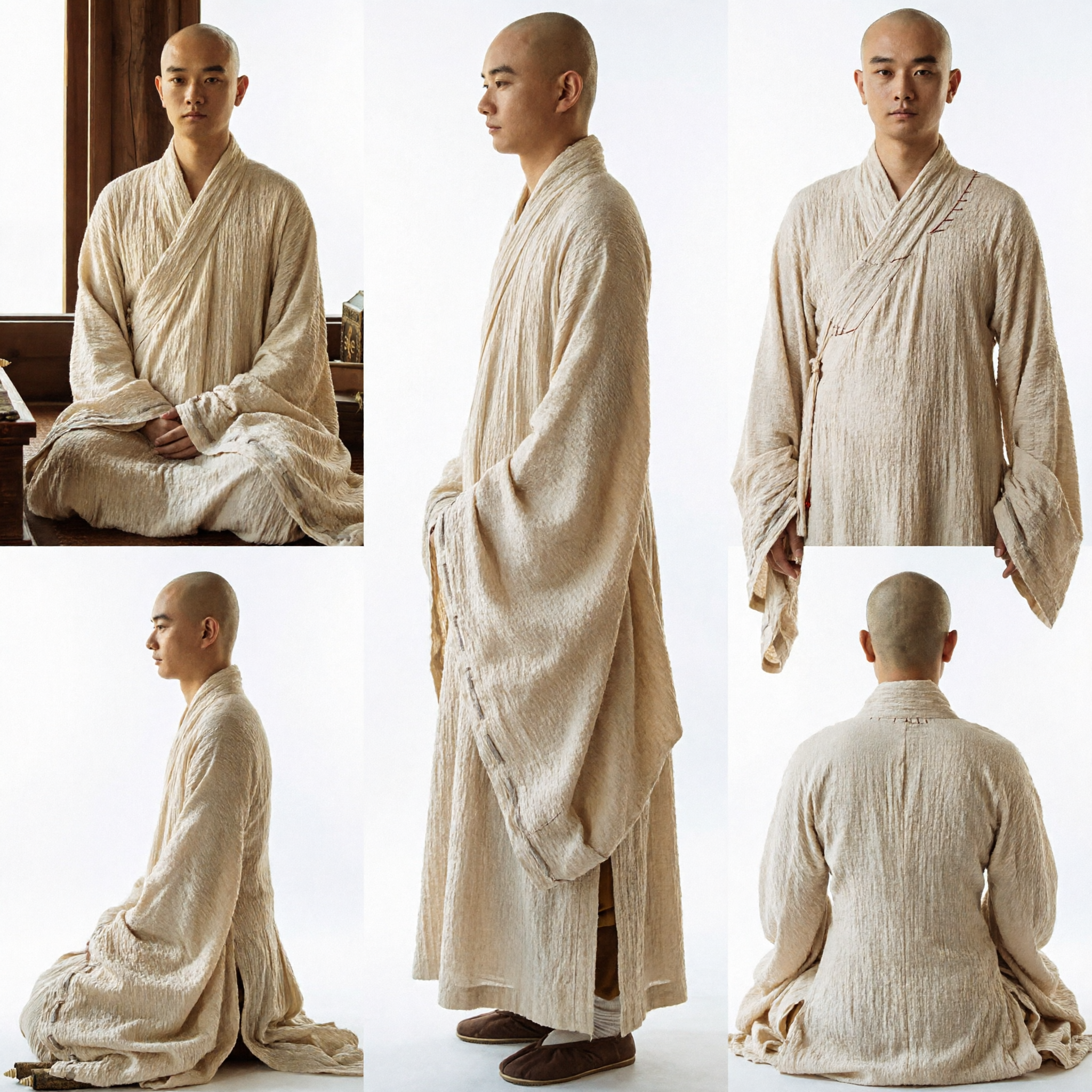 Túnica de Monje Budista Tradicional China, Traje Hanfu Antiguo de Lino Crema para Hombre, Meditación y Yoga - Asian Costume