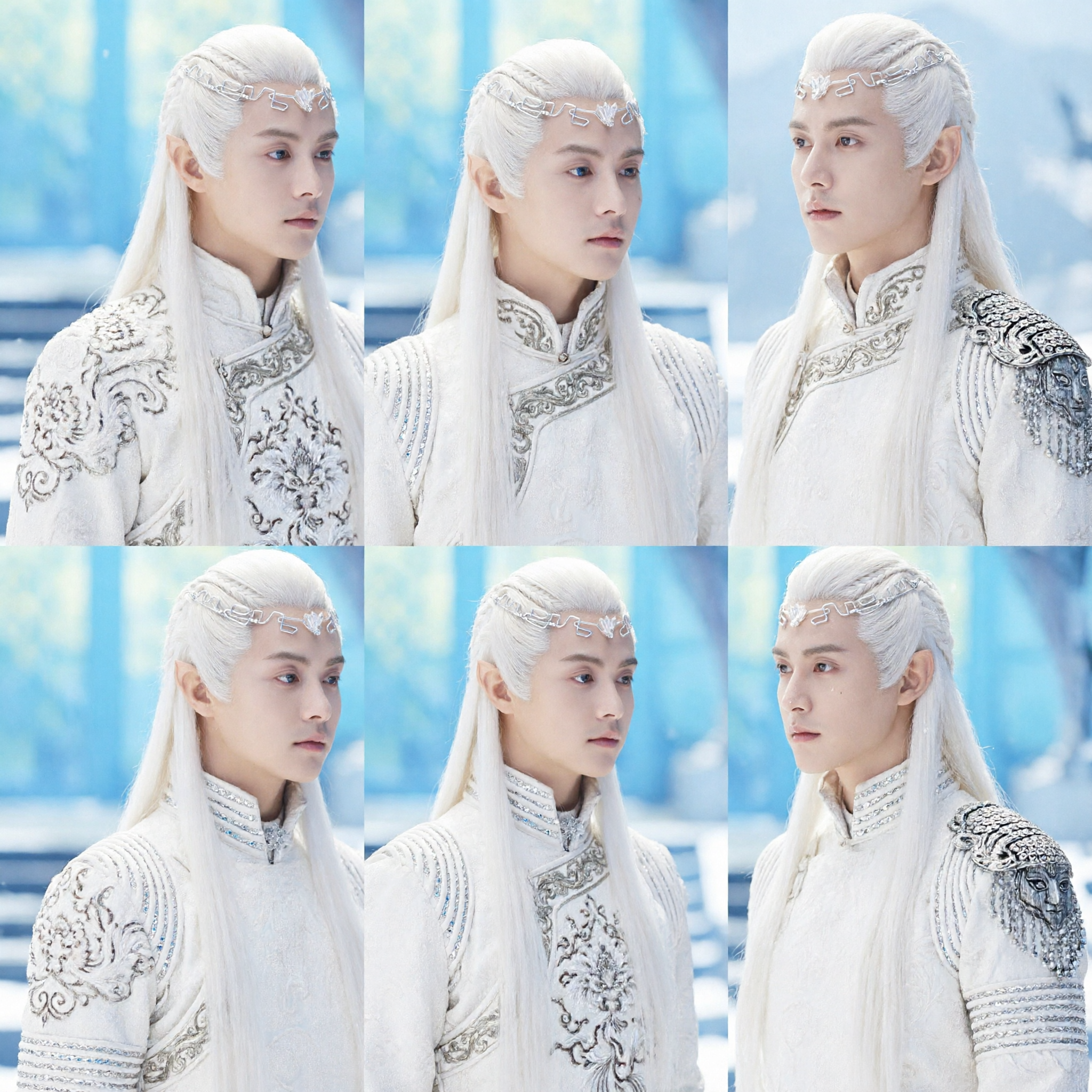 باروكة الأمير الصيني القديم الخيالية البيضاء ومجموعة إكليل الرأس الفضي الكاملة لتنكر الرجال - Asian Costume