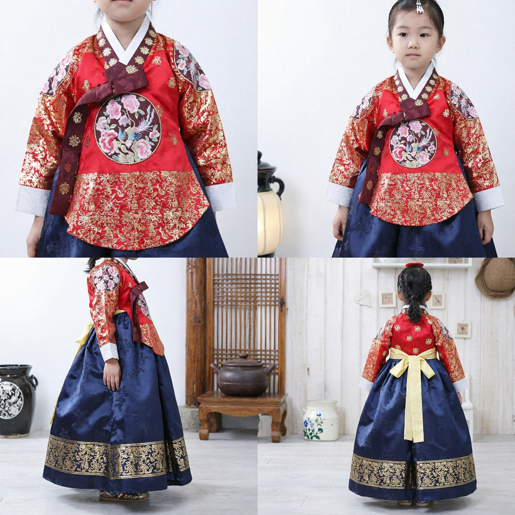 Abito Hanbok Coreano Tradizionale per Bambine, Top Rosso Ricamato e Gonna Blu, Costume per Festival e Matrimoni - Asian Costume