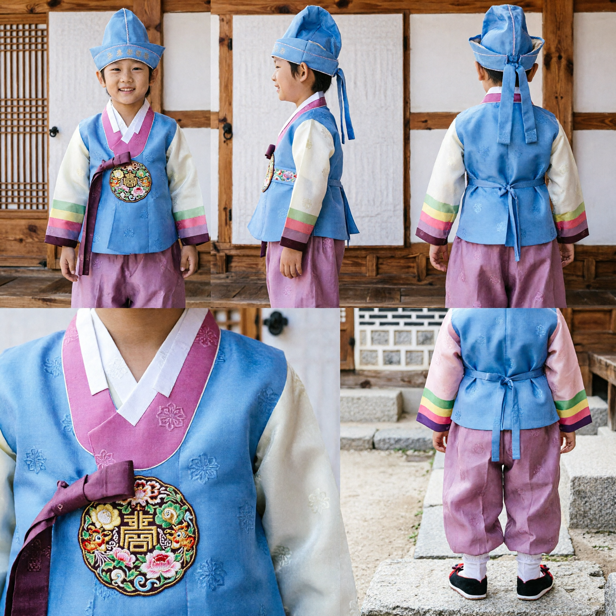 Hanbok Tradicional Coreano para Meninos Conjunto de Traje com Colete Azul Calça Baji Rosa Chapéu e Sapatos para Festivais - Asian Costume