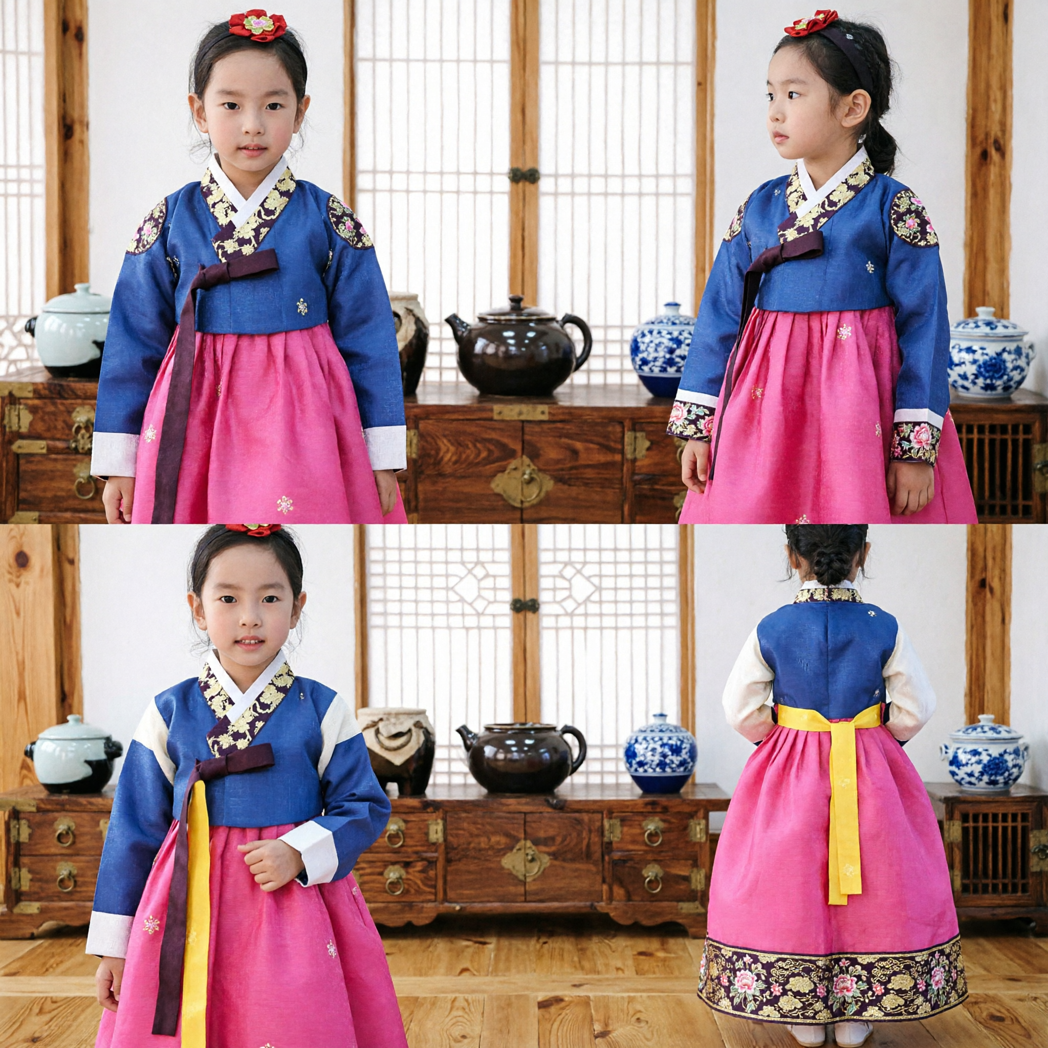 Kinder koreanisches Hanbok traditionelles Kleid Mädchen blaue Bluse mit schwarzem Blumen-Pelz-Weste und pinkfarbenem Rock - Asian Costume