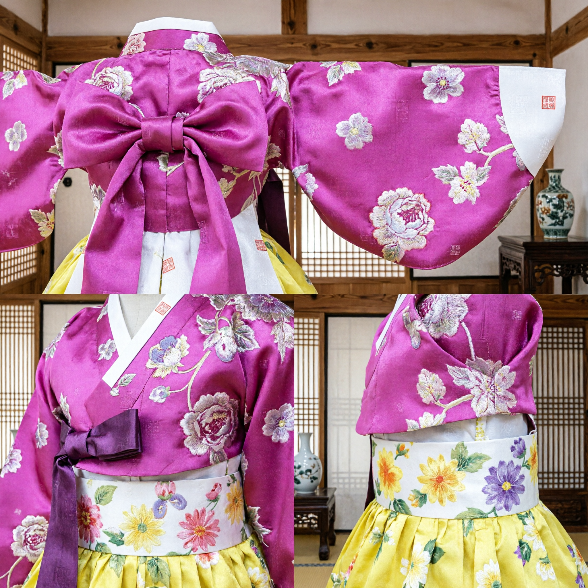 伝統的韓国ハンボク 女児用ピンク花柄チョゴリ 子供ドレス 誕生日パーティー用 - Asian Costume