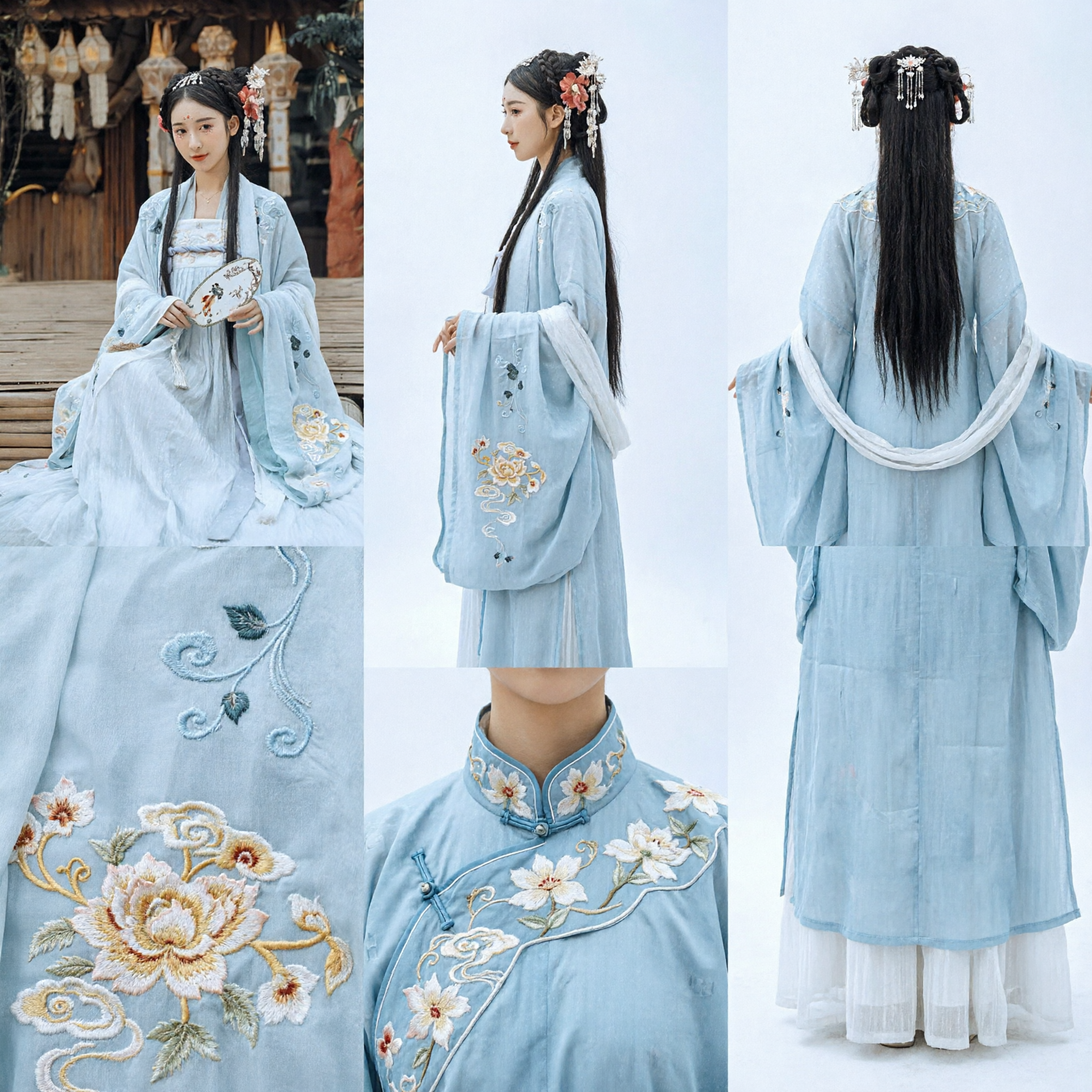 Robe Hanfu traditionnelle chinoise pour femmes - Tunique ancien style brodée bleu clair - Costume pour photographie - Asian Costume