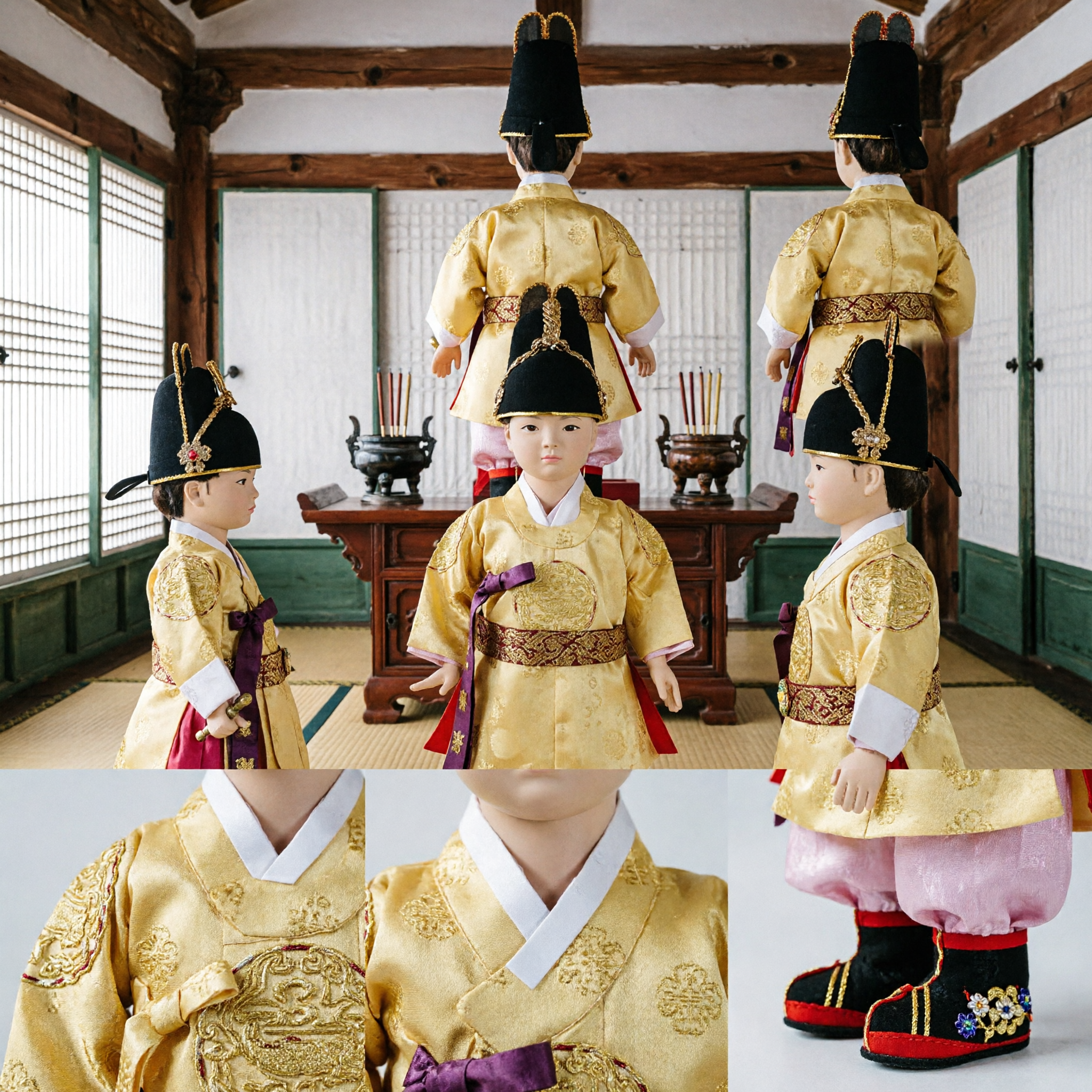 Traditionele Koreaanse Koninklijke Hof Ambtenaar Pop in Gouden Zijden Hanbok en Zwarte Hoed voor Verzamelaars en Cadeaus - Asian Costume