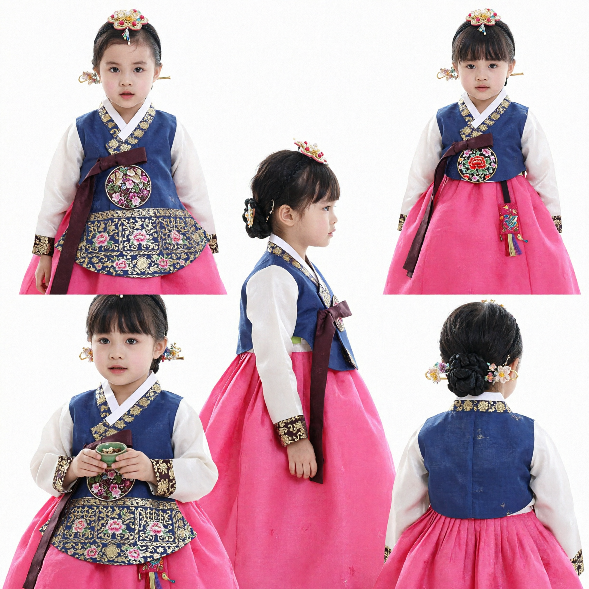 Traditional Korean Hanbok for Girls Pink Skirt Navy Top Kids Holiday Festival Costume Set - Asian Costume