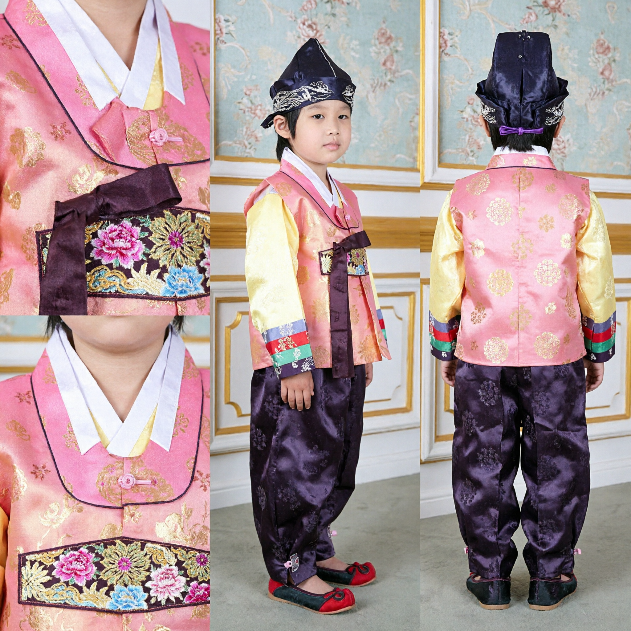 Hanbok Tradicional Coreano para Meninos Colete Rosa Camisa Amarela Calças Roxas Traje Formal para Doljanchi e Casamento - Asian Costume