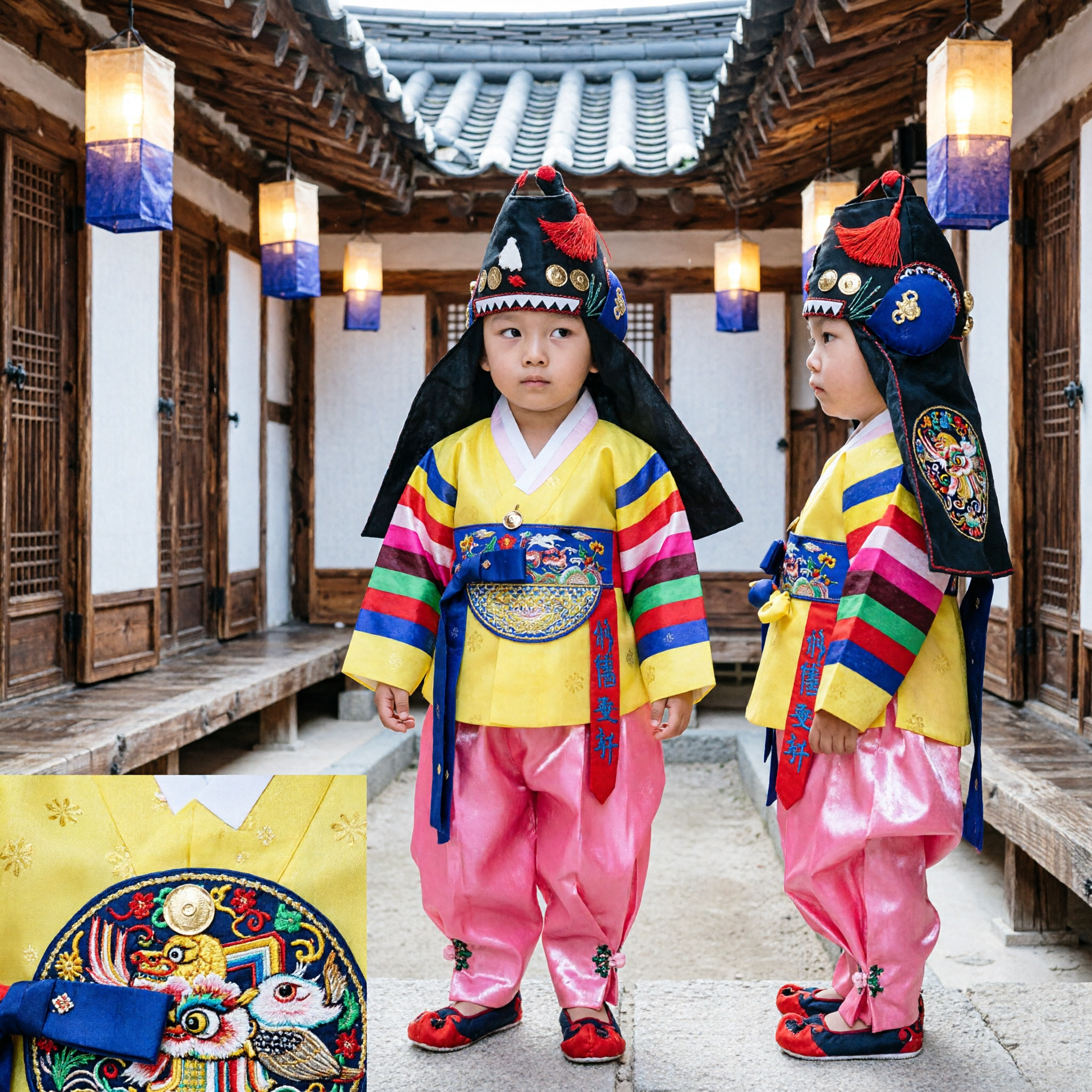 Traje Hanbok Tradicional Coreano para Meninos Conjunto Jeogori Amarelo e Baji Rosa para Festivais Culturais - Asian Costume