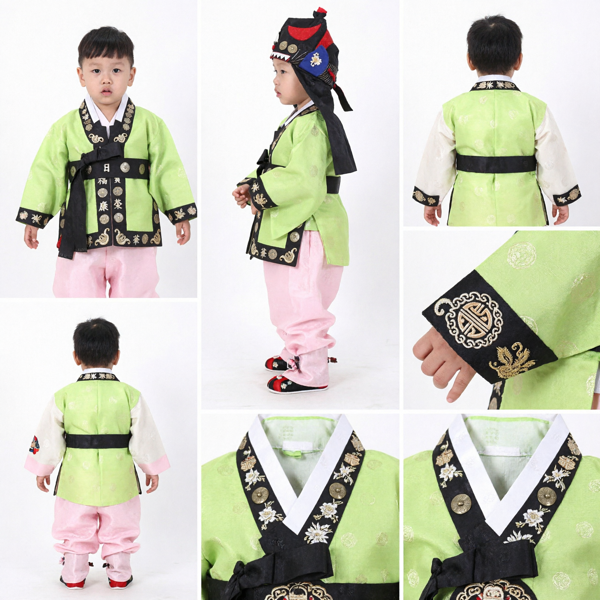 Hanbok Tradicional Coreano para Bebês Meninos Conjunto Jeogori Verde Baji Rosa com Chapéu para Primeiro Aniversário Doljanchi - Asian Costume