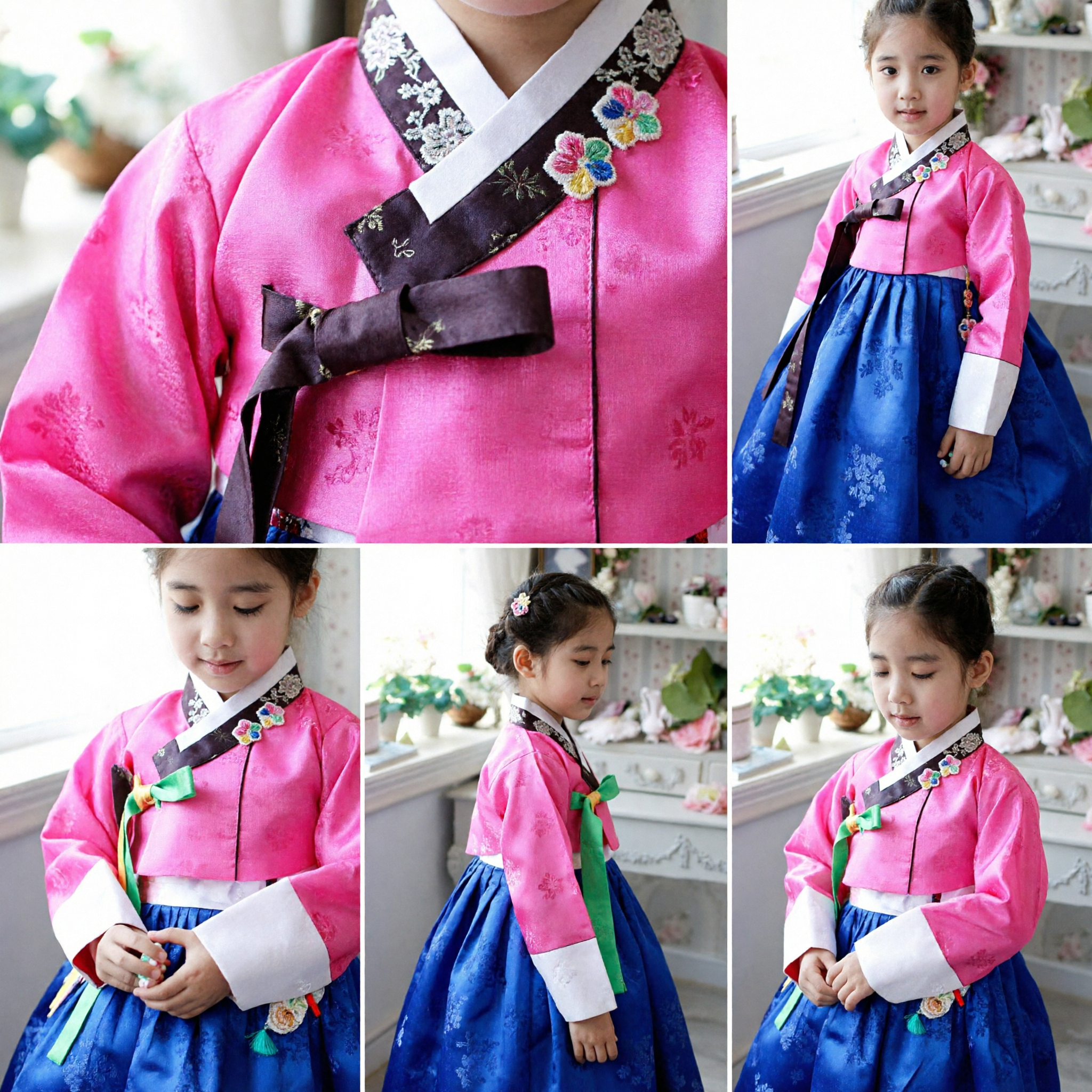 Vestido Hanbok tradicional coreano para niñas Conjunto de seda rosa y azul para boda, cumpleaños y festividades - Asian Costume