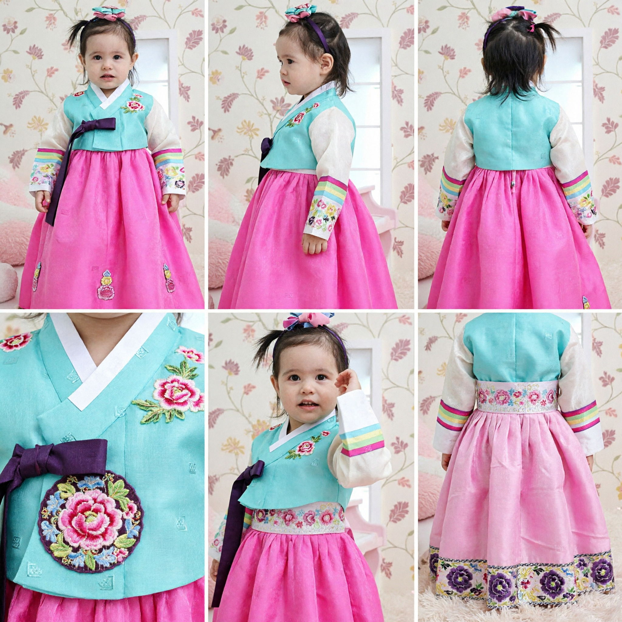 Hanbok tradizionale coreano per bambine ricamato, gonna rosa e top blu, costume per festival per bambini - Asian Costume