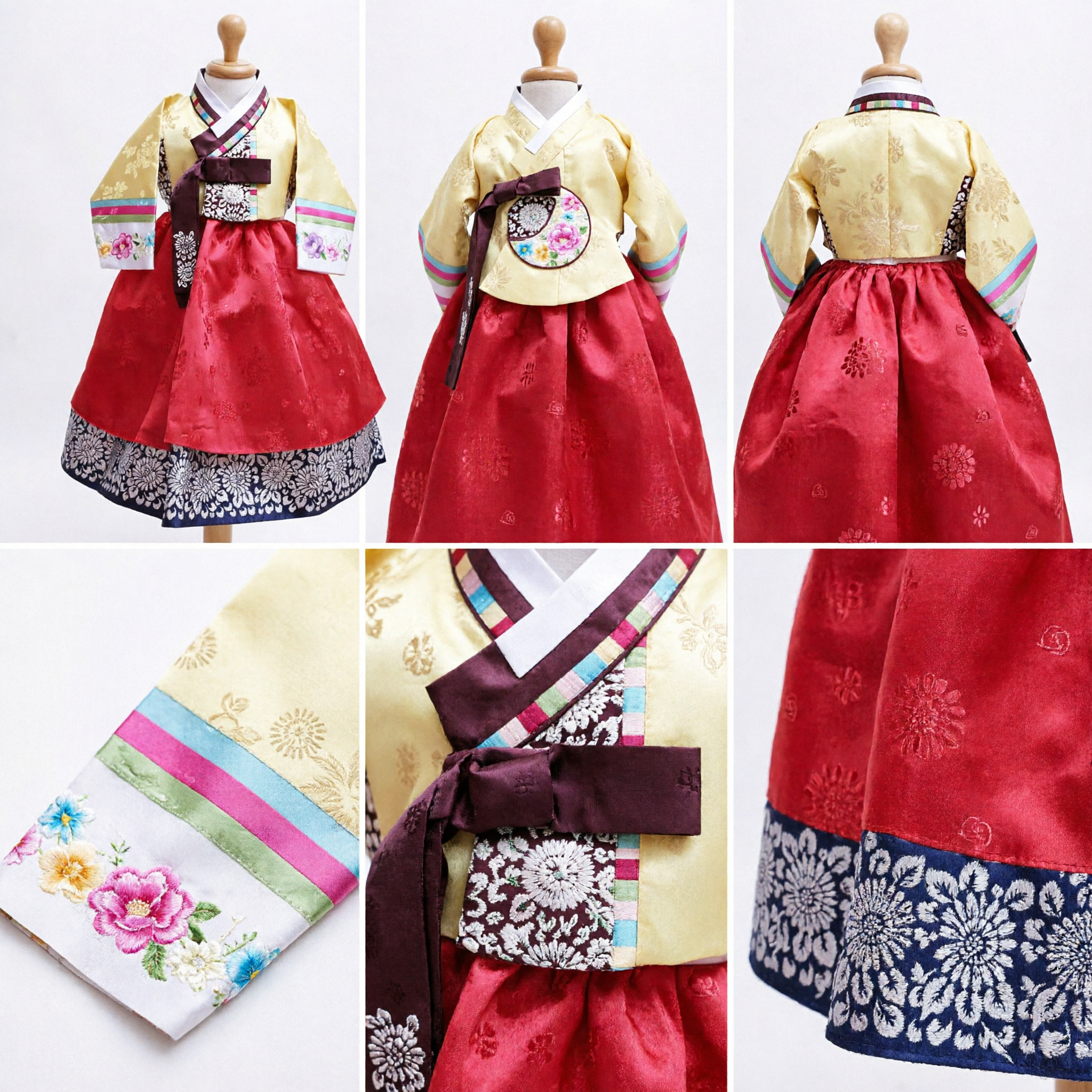 Hanbok Tradicional Coreano para Meninas Jeogori Amarelo e Chima Vermelho Vestido Bordado para Festas de Aniversário - Asian Costume