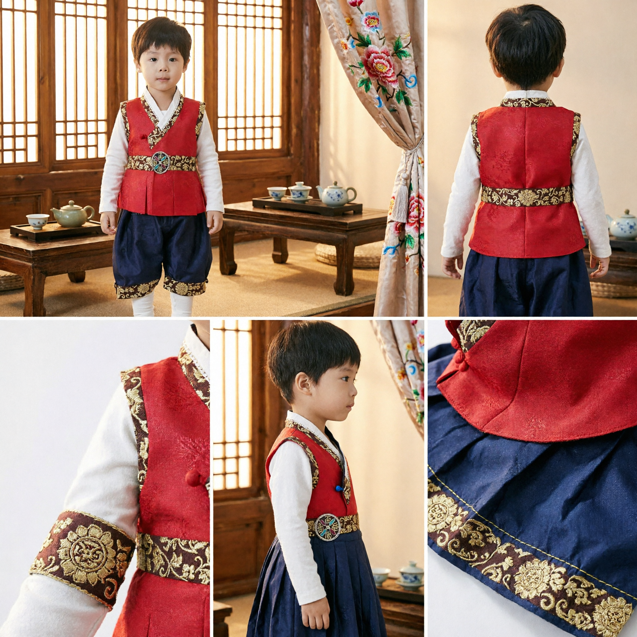 Conjunto de Hanbok Tradicional Coreano para Meninos Colete Vermelho Bordado e Calça Azul Marinho para Festivais de Seollal - Asian Costume