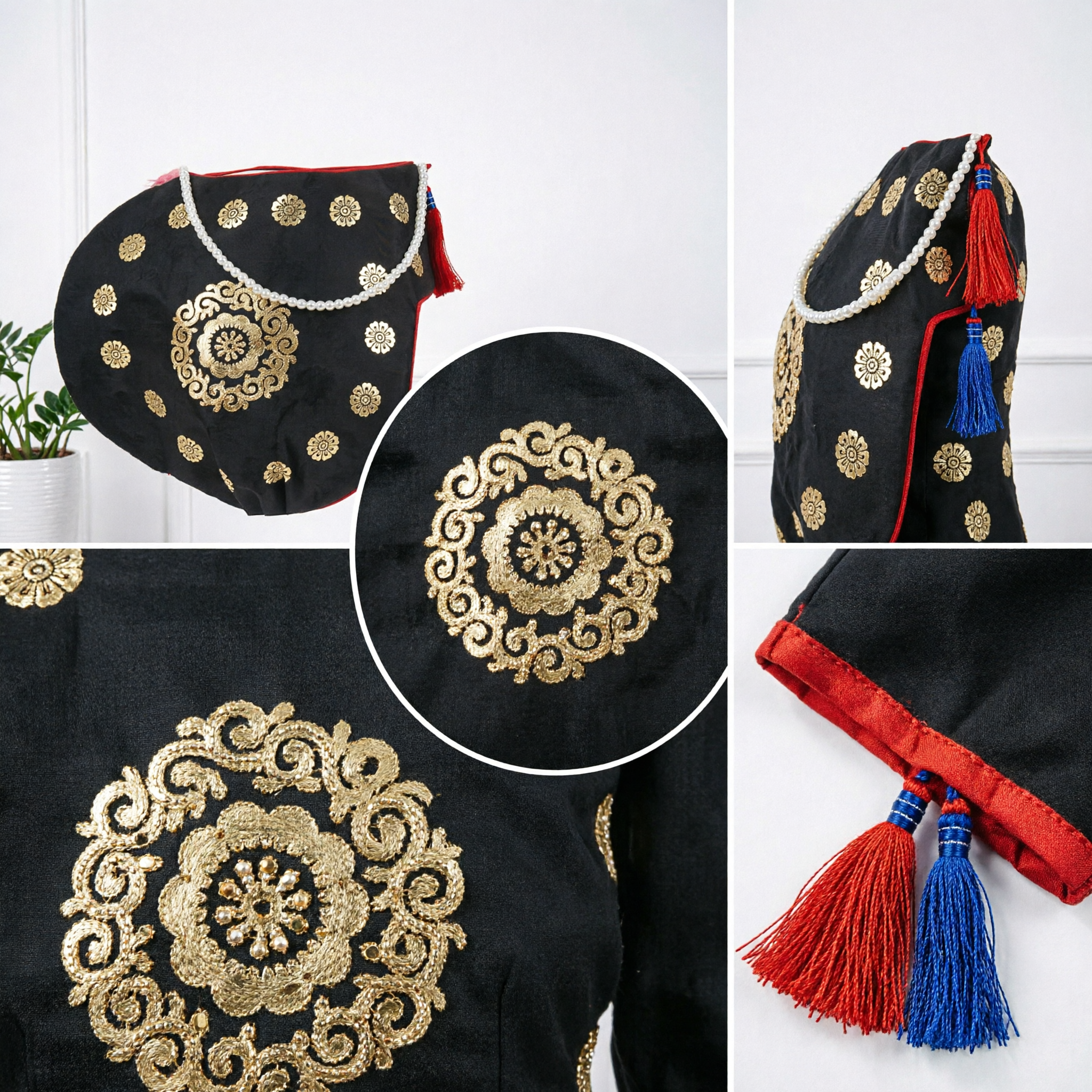 Traditional Chinese Black Embroidered Waist Bag with Pearl Strap Hanfu Accessory for Wedding and Performance - Asian Costume