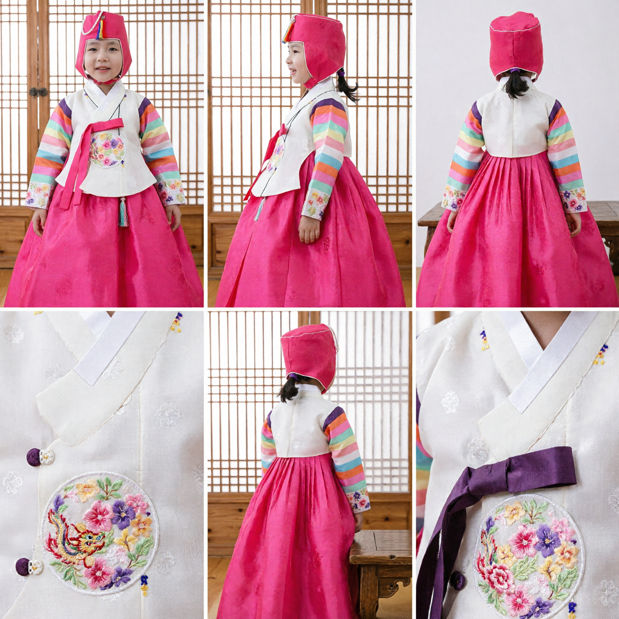 Completo Hanbok tradizionale coreano per bambine, jeogori a strisce arcobaleno e gonna chima rosa per compleanni e festival - Asian Costume