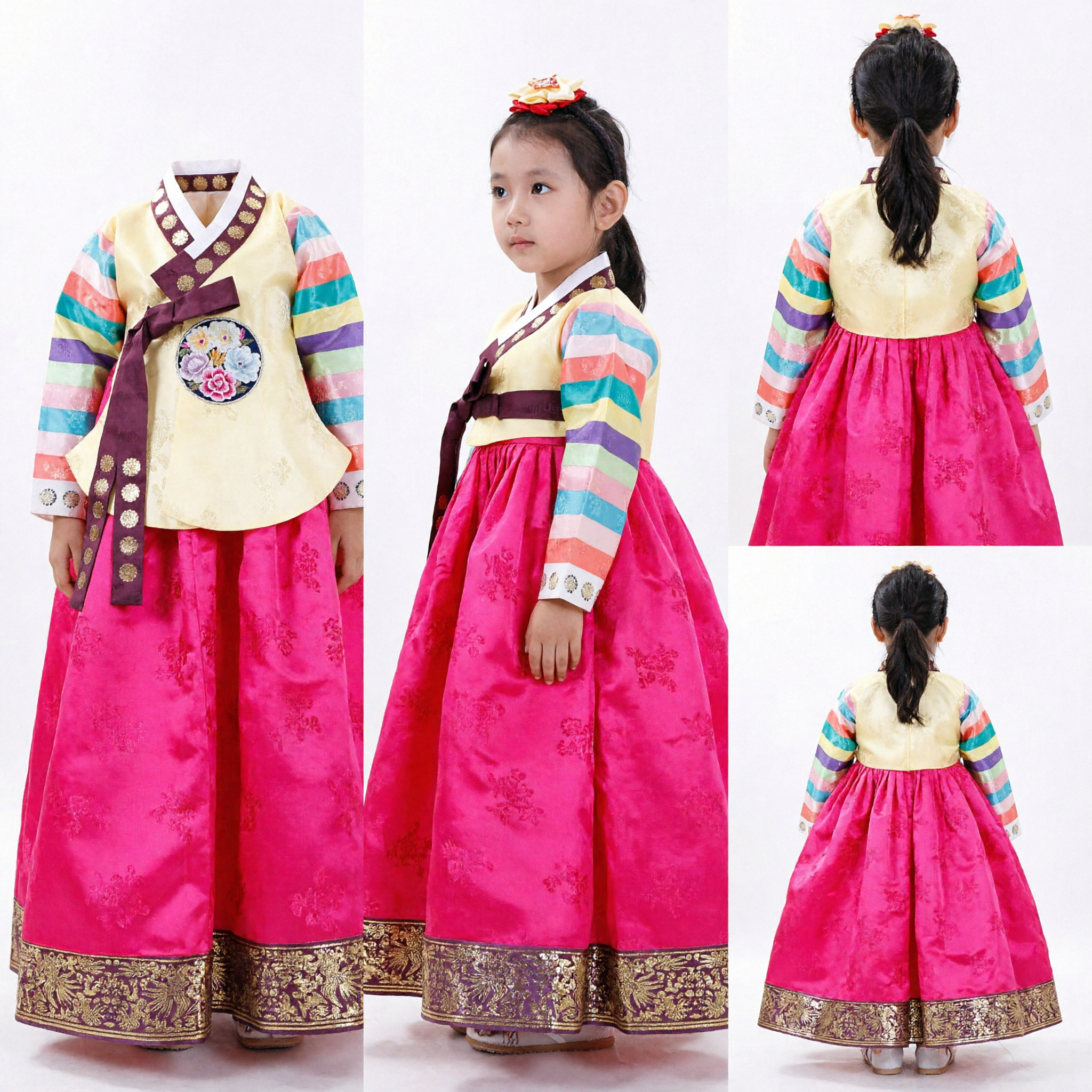 Hanbok tradizionale coreano per bambine, jeogori con maniche arcobaleno e abito chima rosa per festività dei bambini - Asian Costume