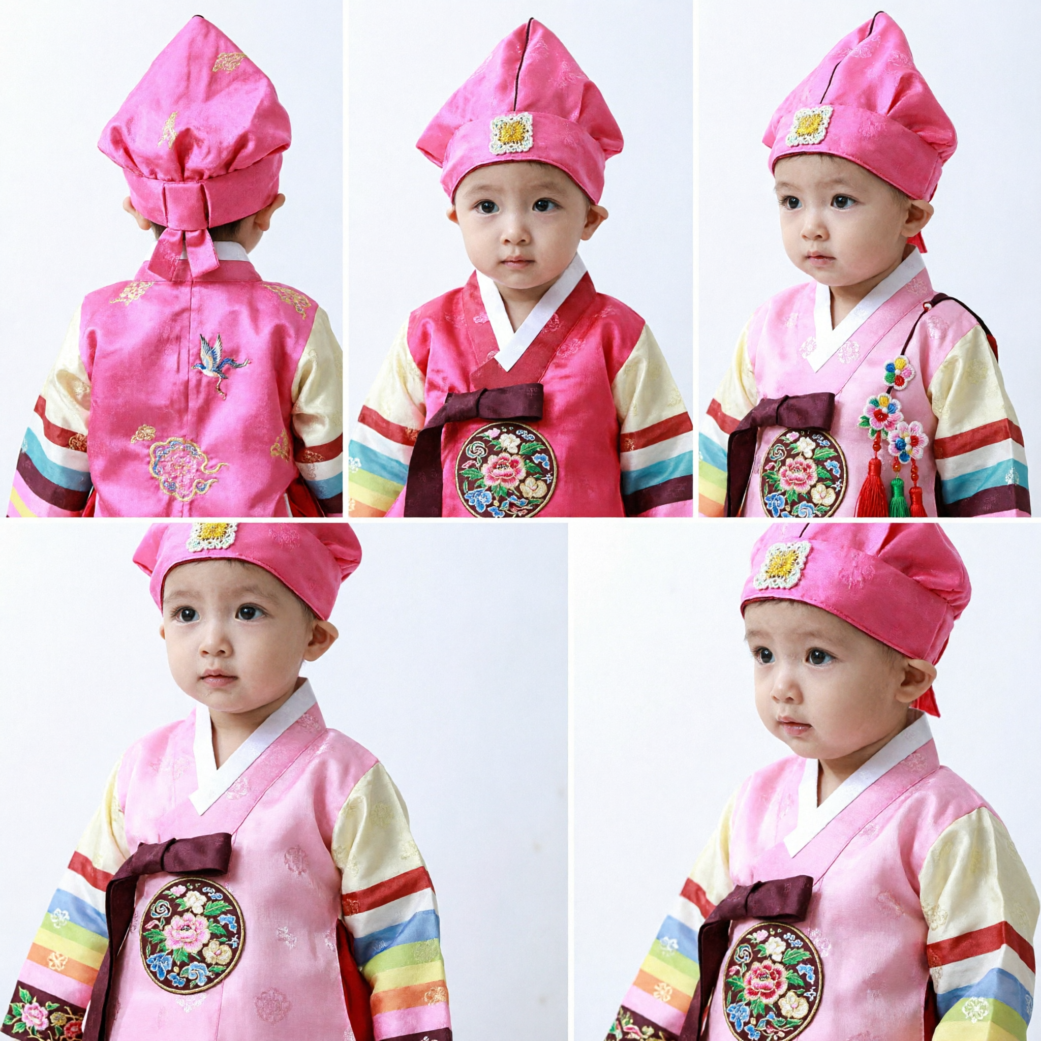 Traditioneller koreanischer Baby-Hanbok-Hut, rosa spitzer Hut mit Glücksabzeichen für Dol-Feierkostüm - Asian Costume