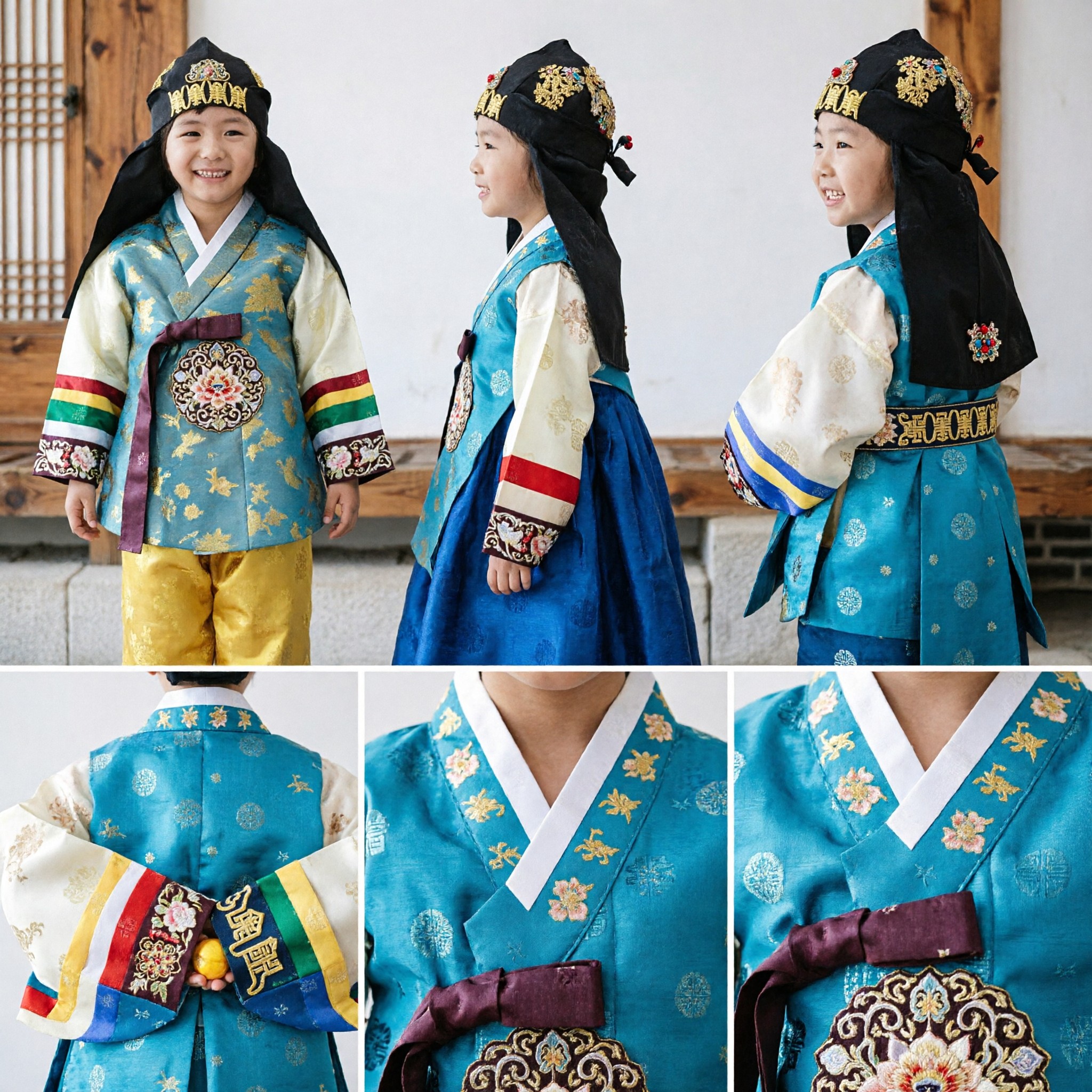 Hanbok tradicional coreano para niños, conjunto Dolbok azul y dorado para fiesta de primer cumpleaños - Asian Costume