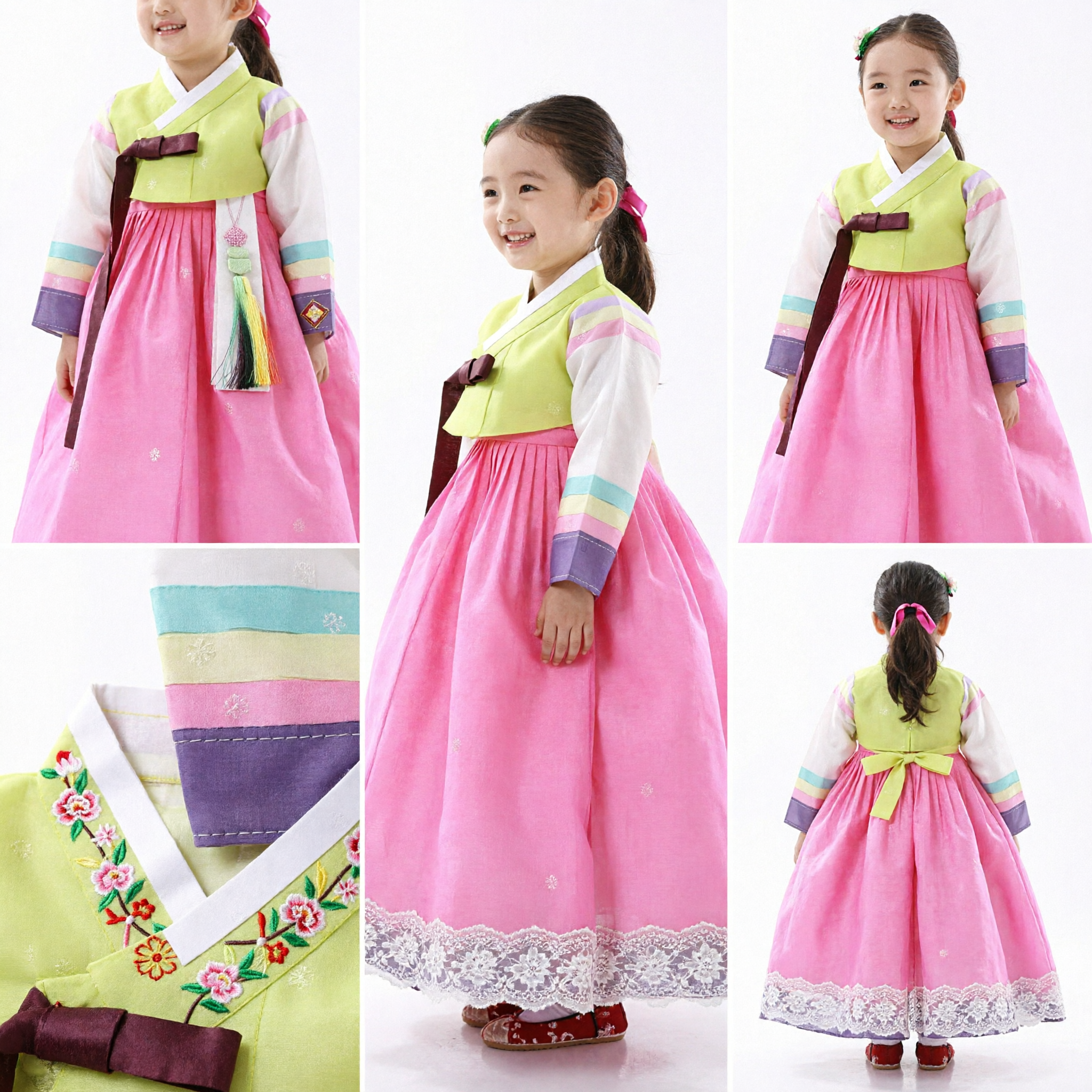 Traditional Korean Hanbok Dress for Girls Pink Chima Lime Jeogori Kids Festival Costume - Asian Costume