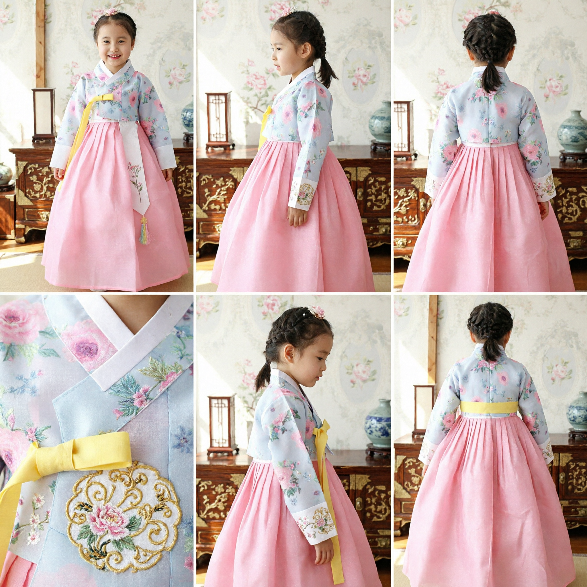 Abito Hanbok tradizionale coreano per Ragazze Top Blu Floreale Gonna Rosa Costume per Bambini Matrimonio Compleanno - Asian Costume
