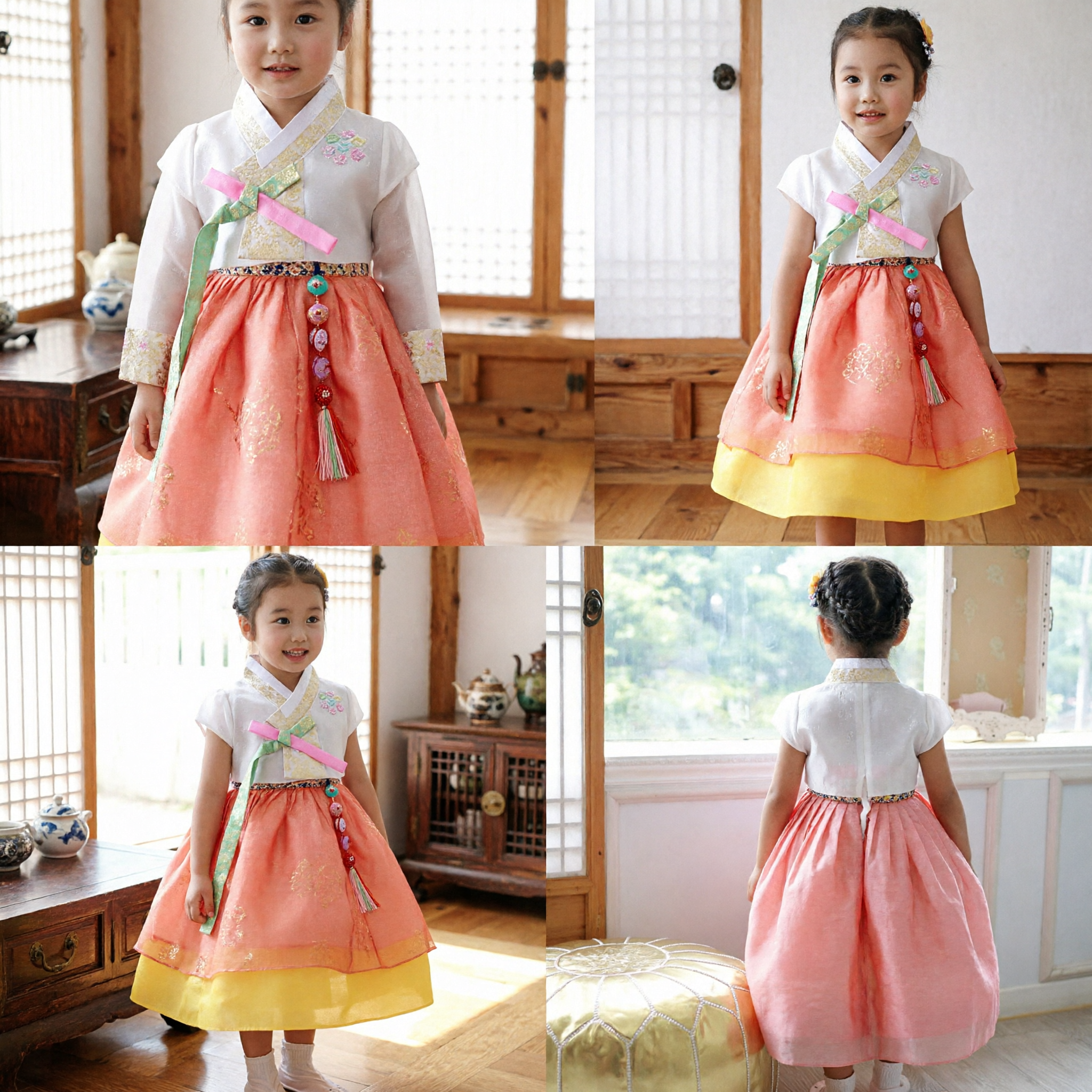 Vestido Hanbok Coreano Tradicional para Niñas Niño Falda Naranja Amarilla y Top Blanco Traje para Fiesta de Cumpleaños - Asian Costume