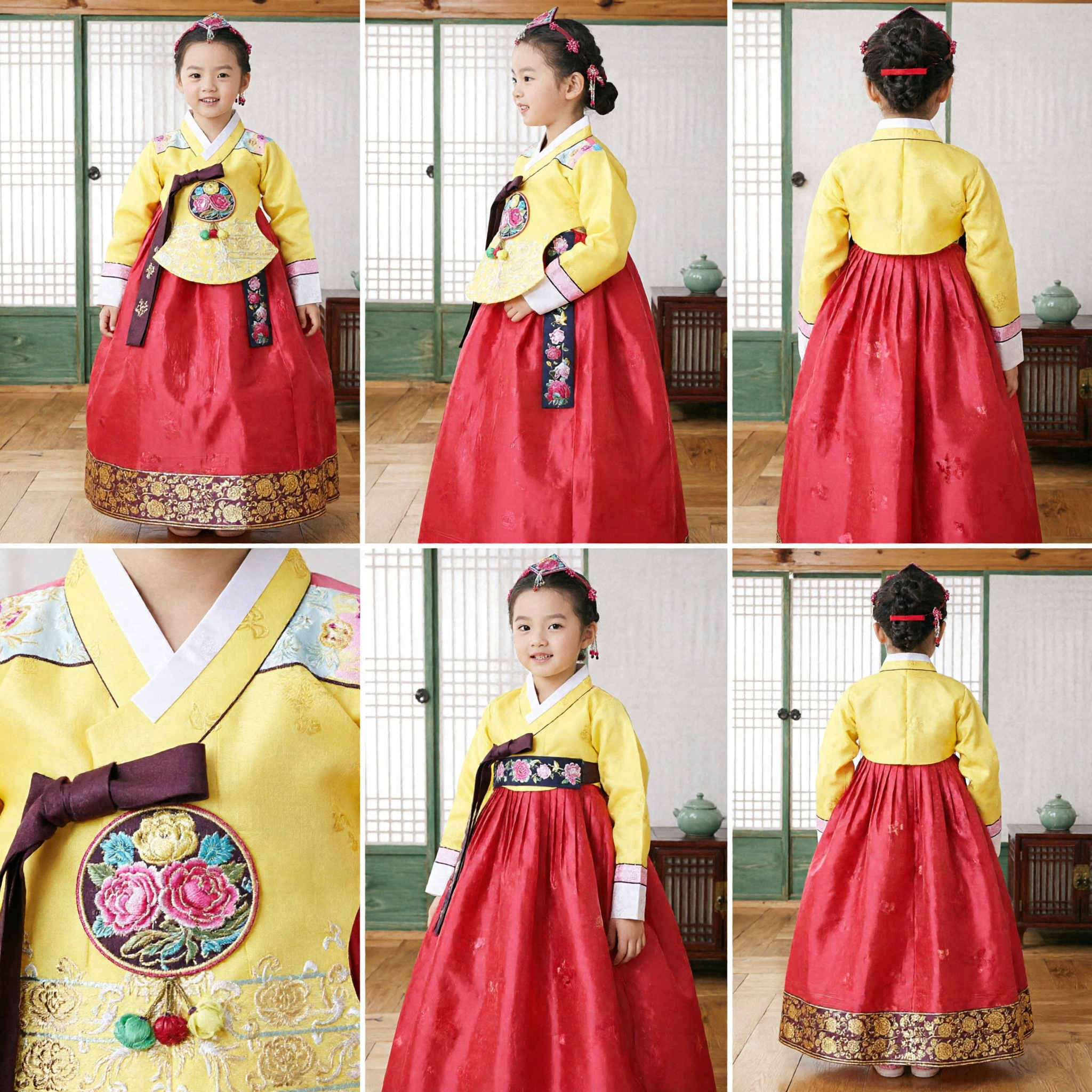 Koreanisches Hanbok-Trachtenkleid für Kinder, gelbes Oberteil und roter Rock, besticktes Kostüm für Mädchen bei Festen und Hochzeiten - Asian Costume