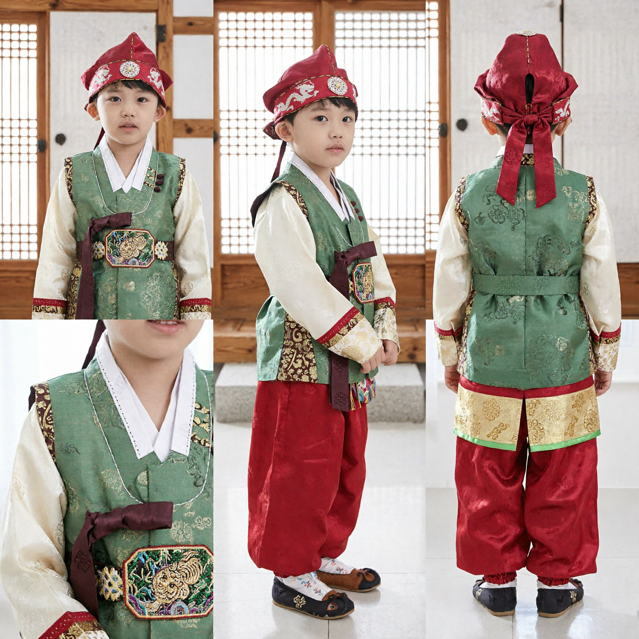 Hanbok Coreano Tradicional para Meninos, Conjunto com Colete Verde Bordado, Calças Vermelhas e Chapéu para Doljanchi - Asian Costume