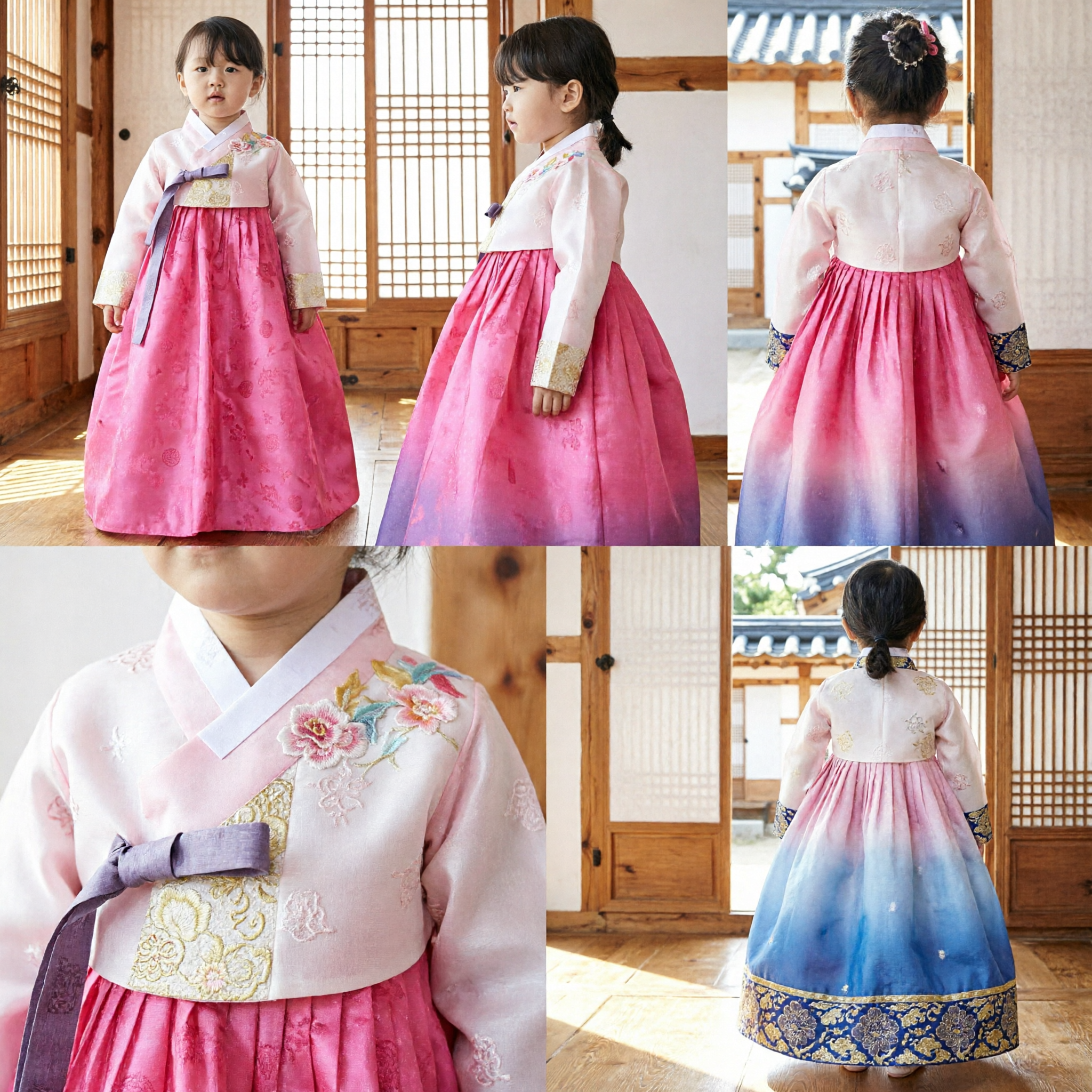 Vestito Hanbok Coreano Tradizionale per Bambine Piccole Ricamo Floreale Rosa Abito Formale per Feste - Asian Costume