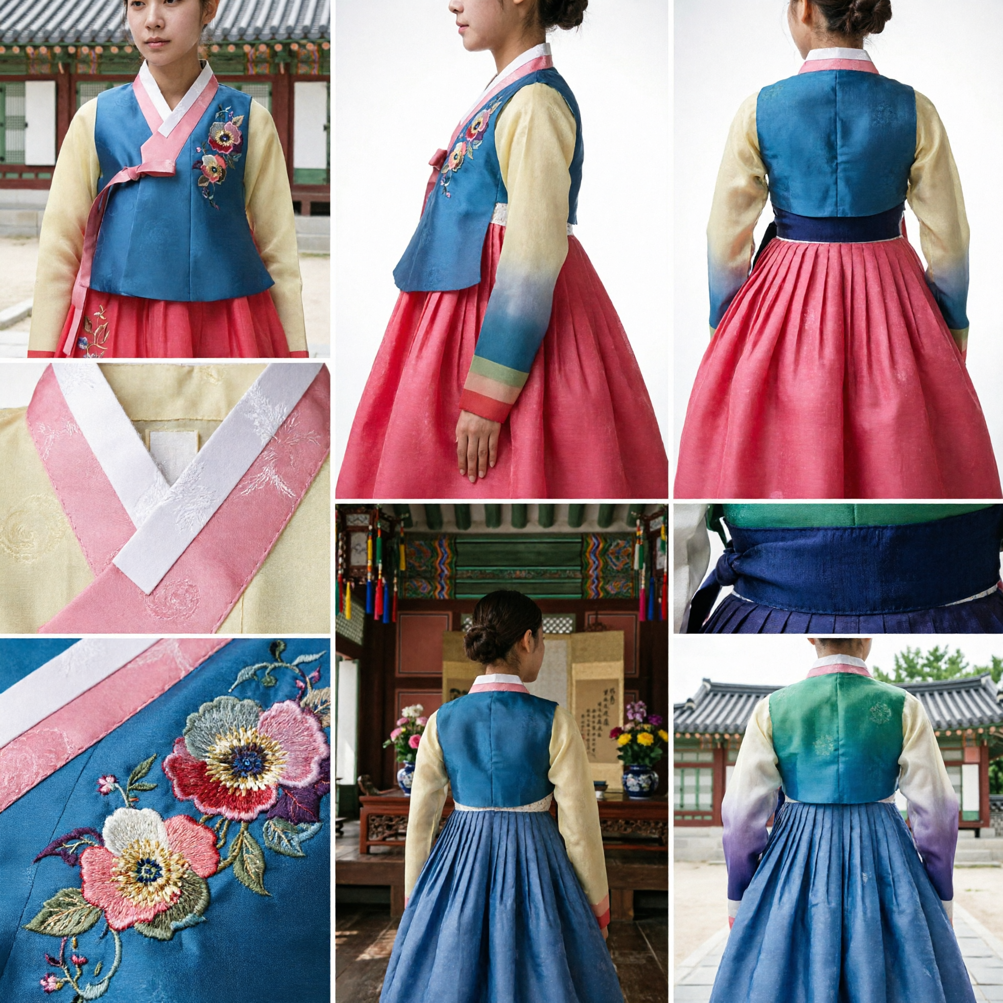 Hanbok Coreano Tradicional para Mujeres, Conjunto de Chaleco Bordado Floral Azul y Falda Rosa para Bodas y Fiestas - Asian Costume
