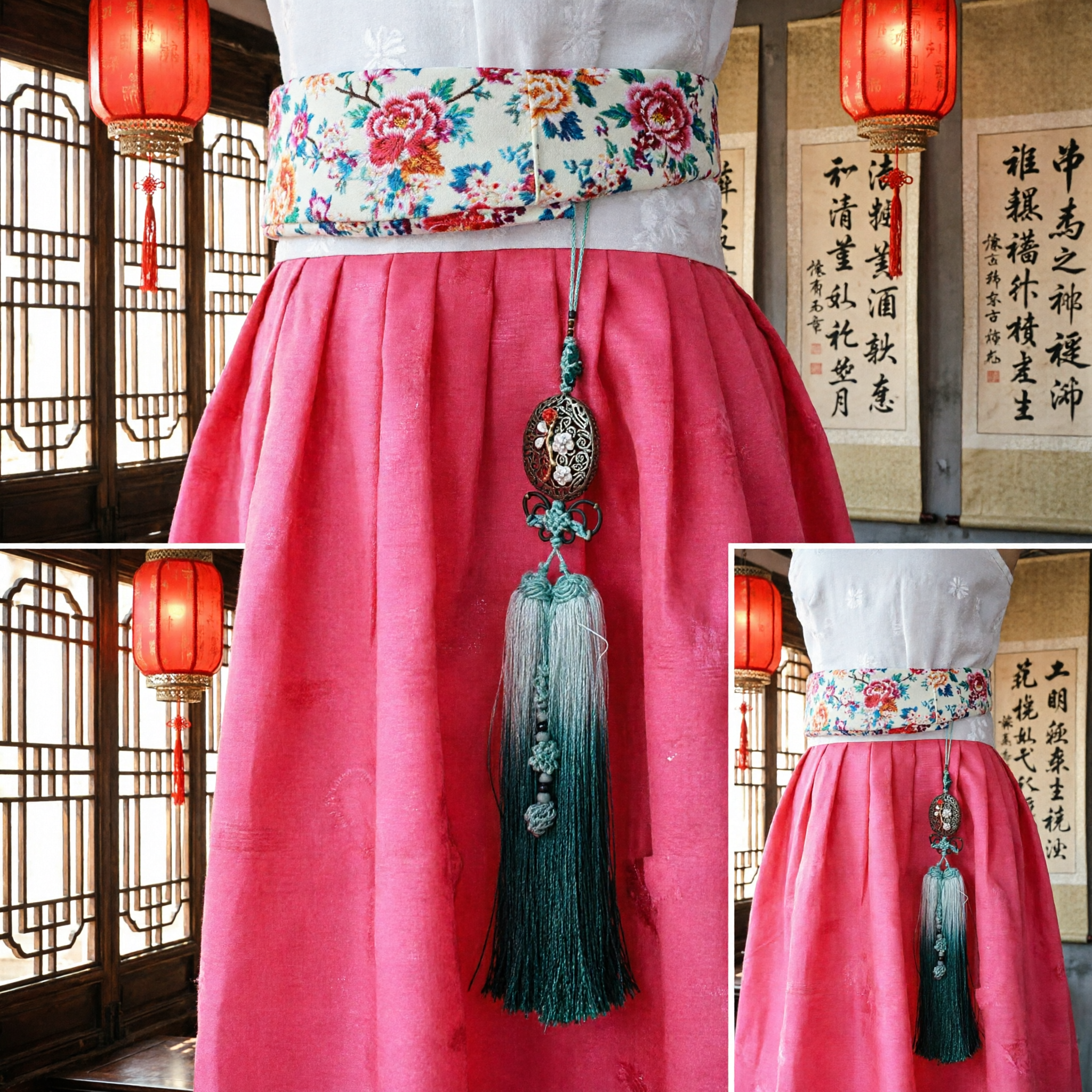 精巧な中国伝統ハンフー腰飾り 宮廷スタイル金属フィリグリーペンダント（房飾り付き）女性用 - Asian Costume