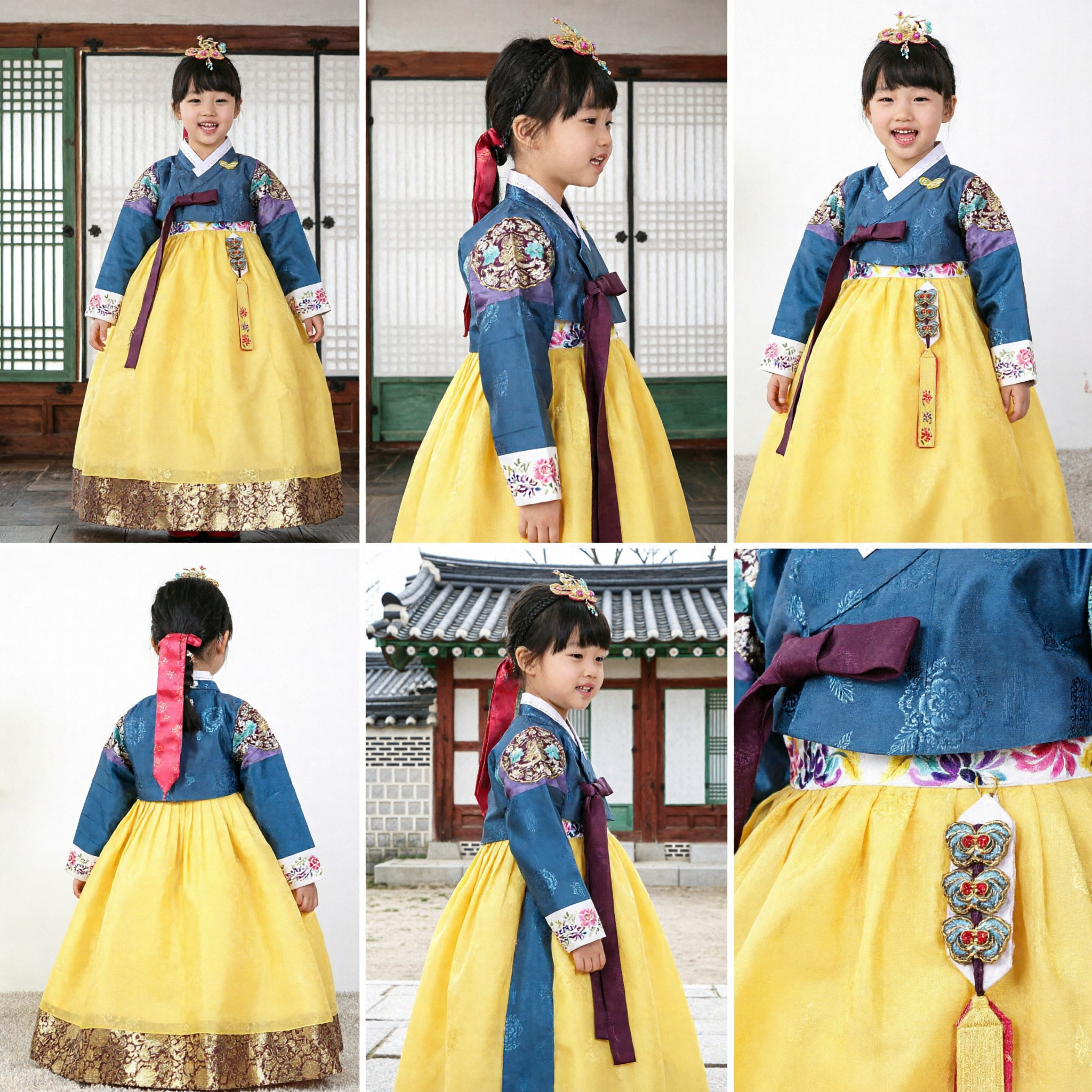 Hanbok tradizionale coreano per ragazze, Top blu ricamato e gonna gialla, Costume per feste e festival per bambini - Asian Costume