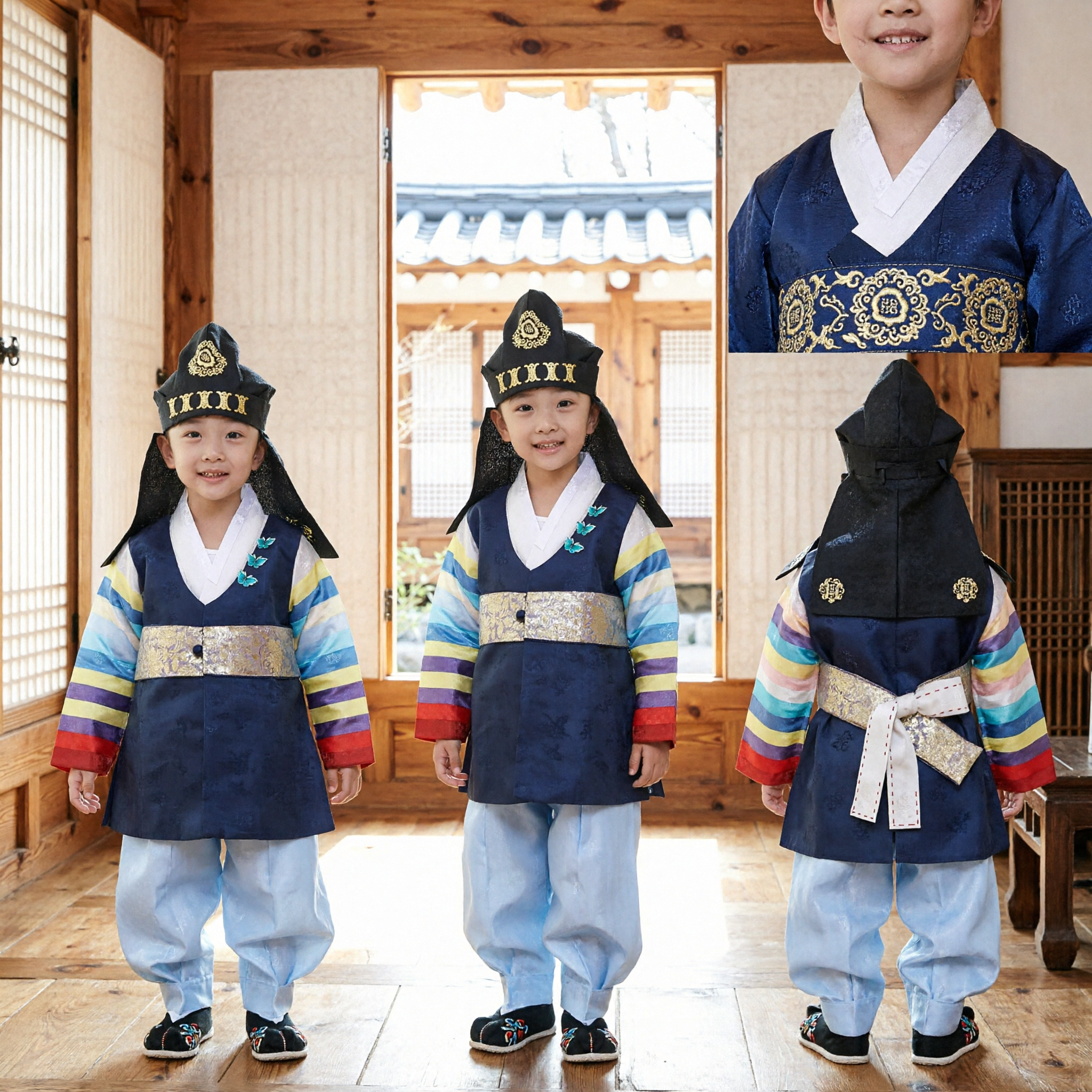 Hanbok Coreano Tradicional para Niños Conjunto de Chaleco Azul Marino Mangas Coloridas para Festivales y Cumpleaños - Asian Costume