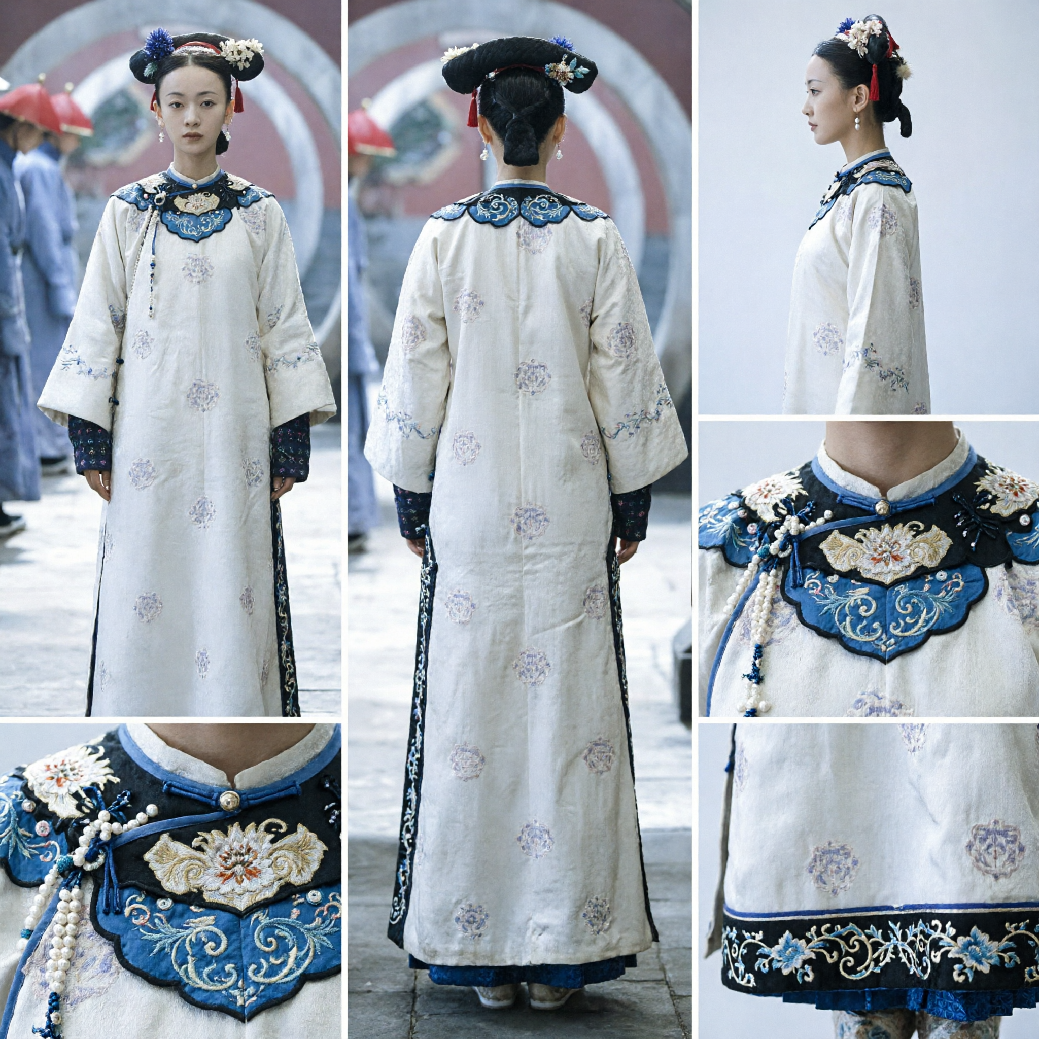 전통 중국 청나라 궁녀 의상 흰색 자수 로브 고대 드라마 의상 여성용 - Asian Costume