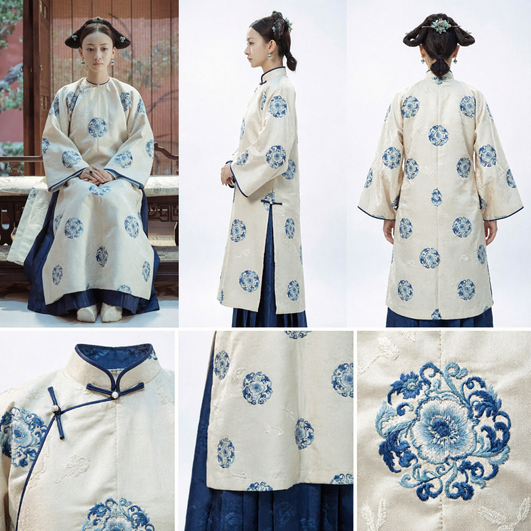 Traje de Dama del Palacio de la Dinastía Qing China Tradicional Túnica Changpao Blanca y Azul con Medallón para Mujeres - Asian Costume