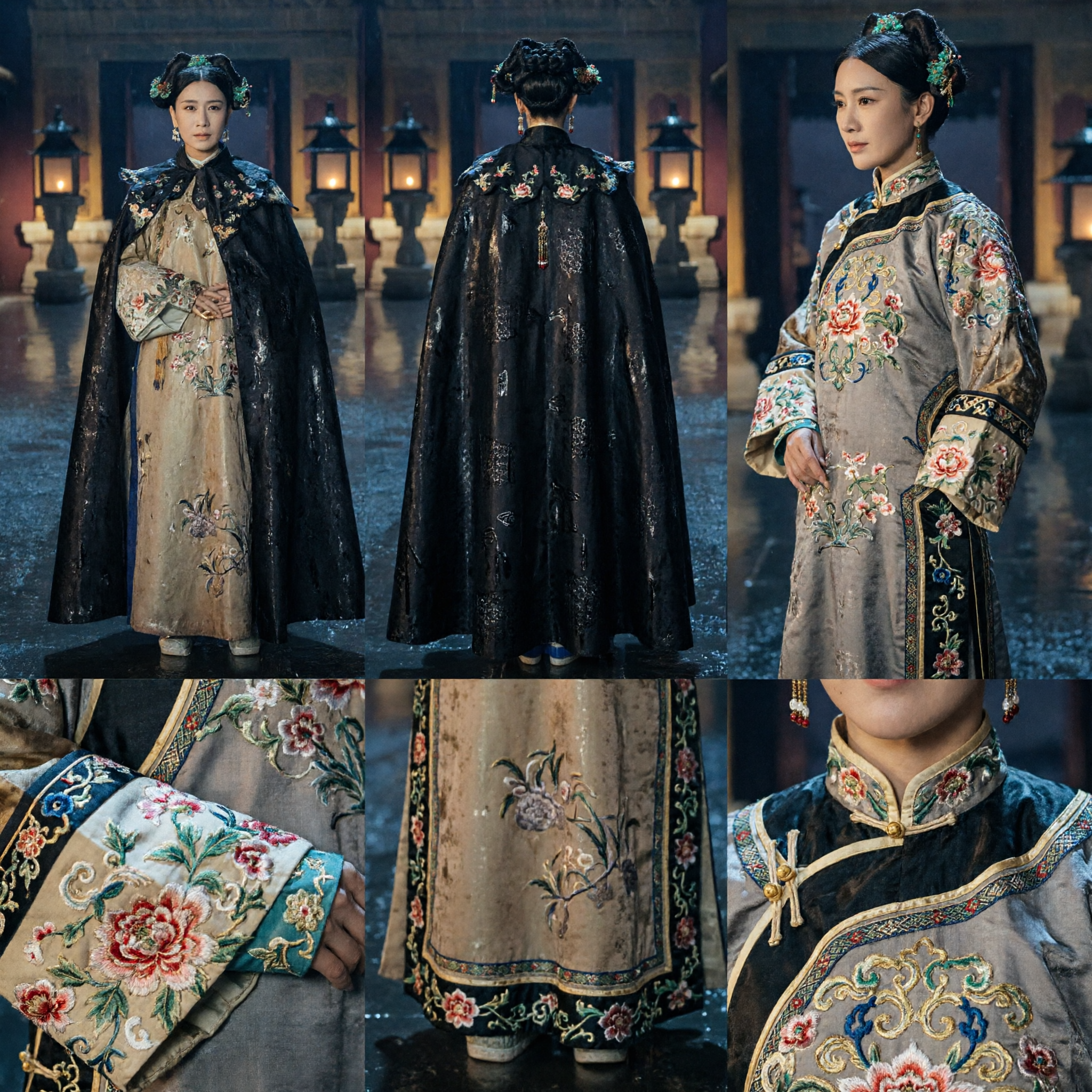 Antikes chinesisches Qing-Dynastie Manchu-Adelsdame Schwarzer Umhang Cape Bestickte Robe Traditionelles Kostüm für Frauen - Asian Costume