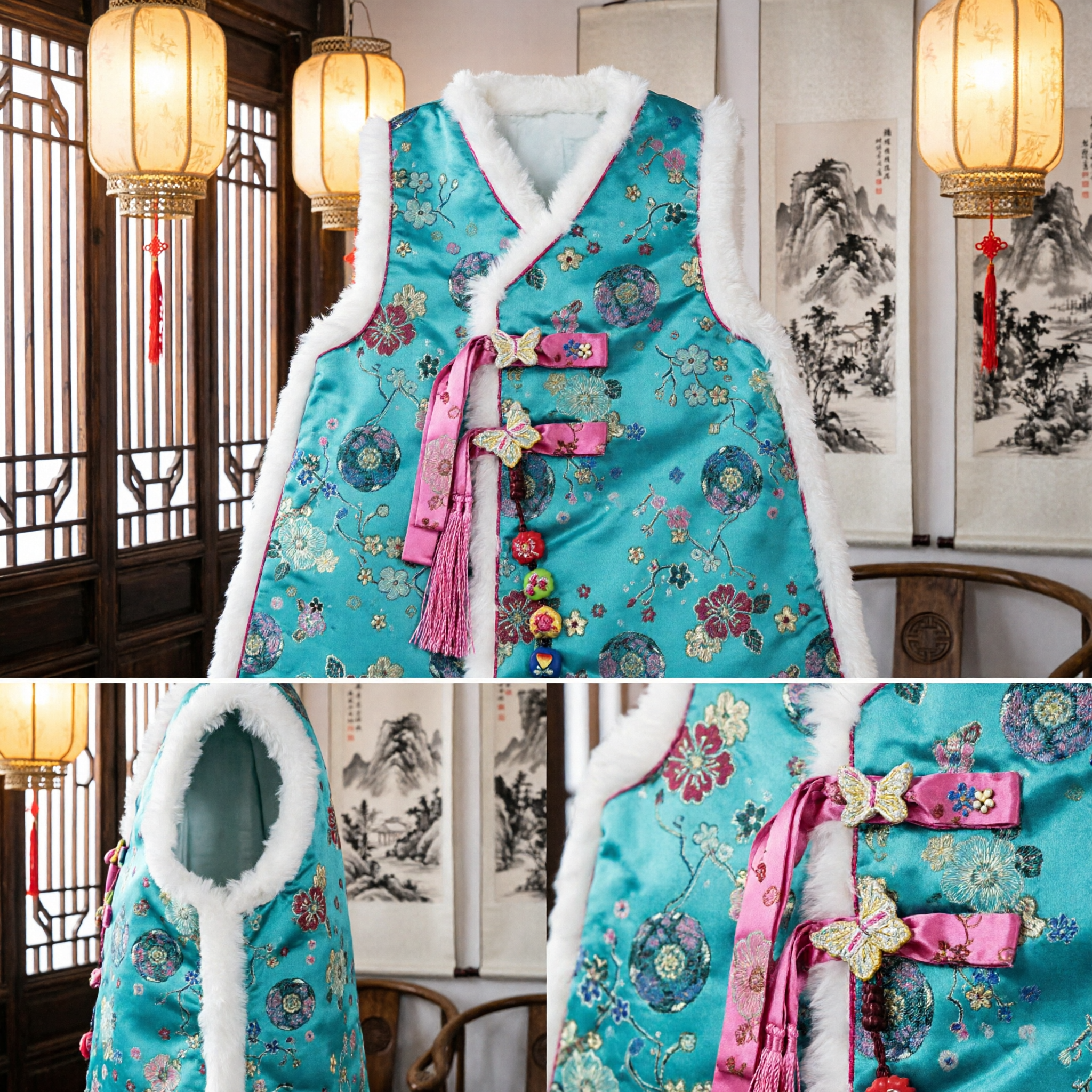 Gilet floral traditionnel chinois pour filles - Veste Tang doublée fourrure pour hiver - Pour célébration du Nouvel An - Asian Costume