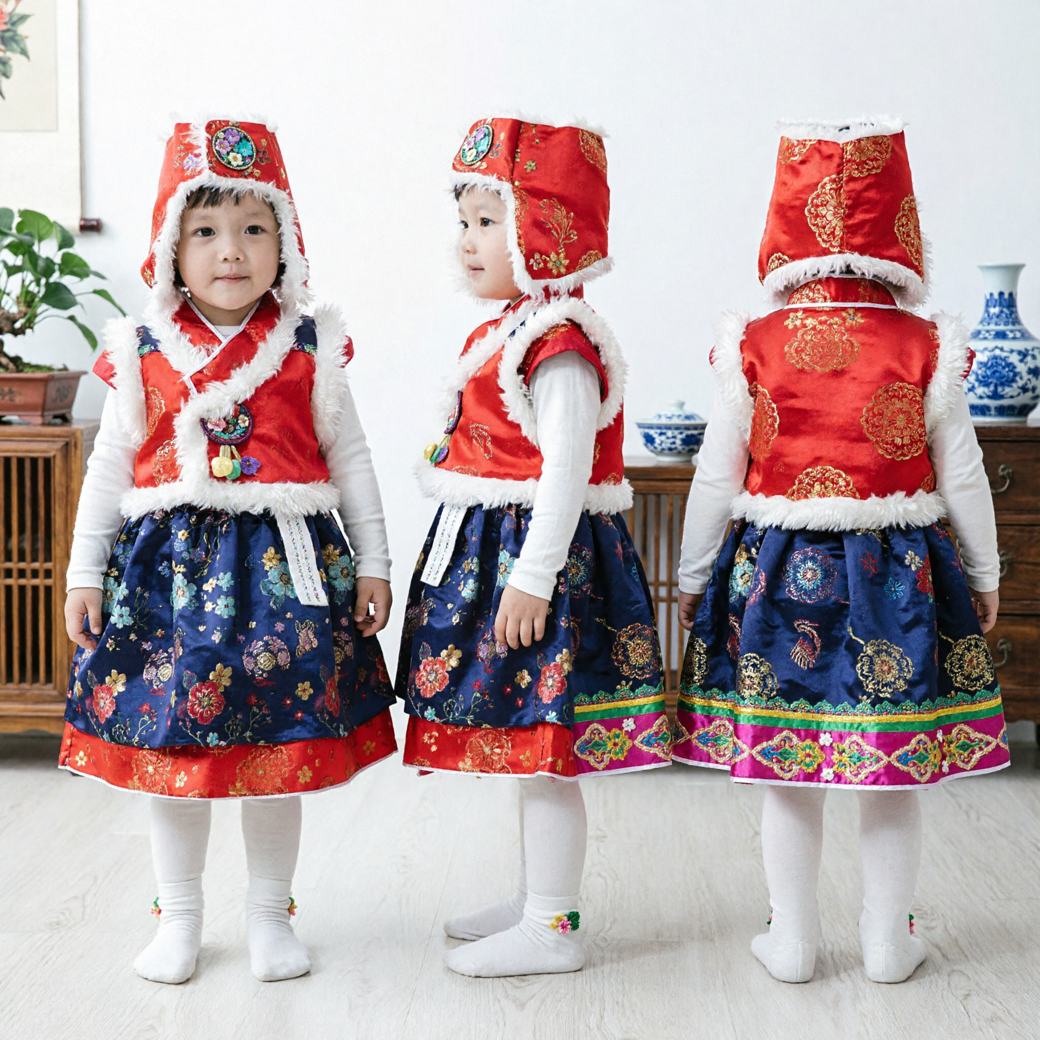 Conjunto de Vestido de Invierno Hanbok Coreano Tradicional para Bebé Niña Blusa con Ribete de Piel Roja Falda Floral para Primer Cumpleaños - Asian Costume