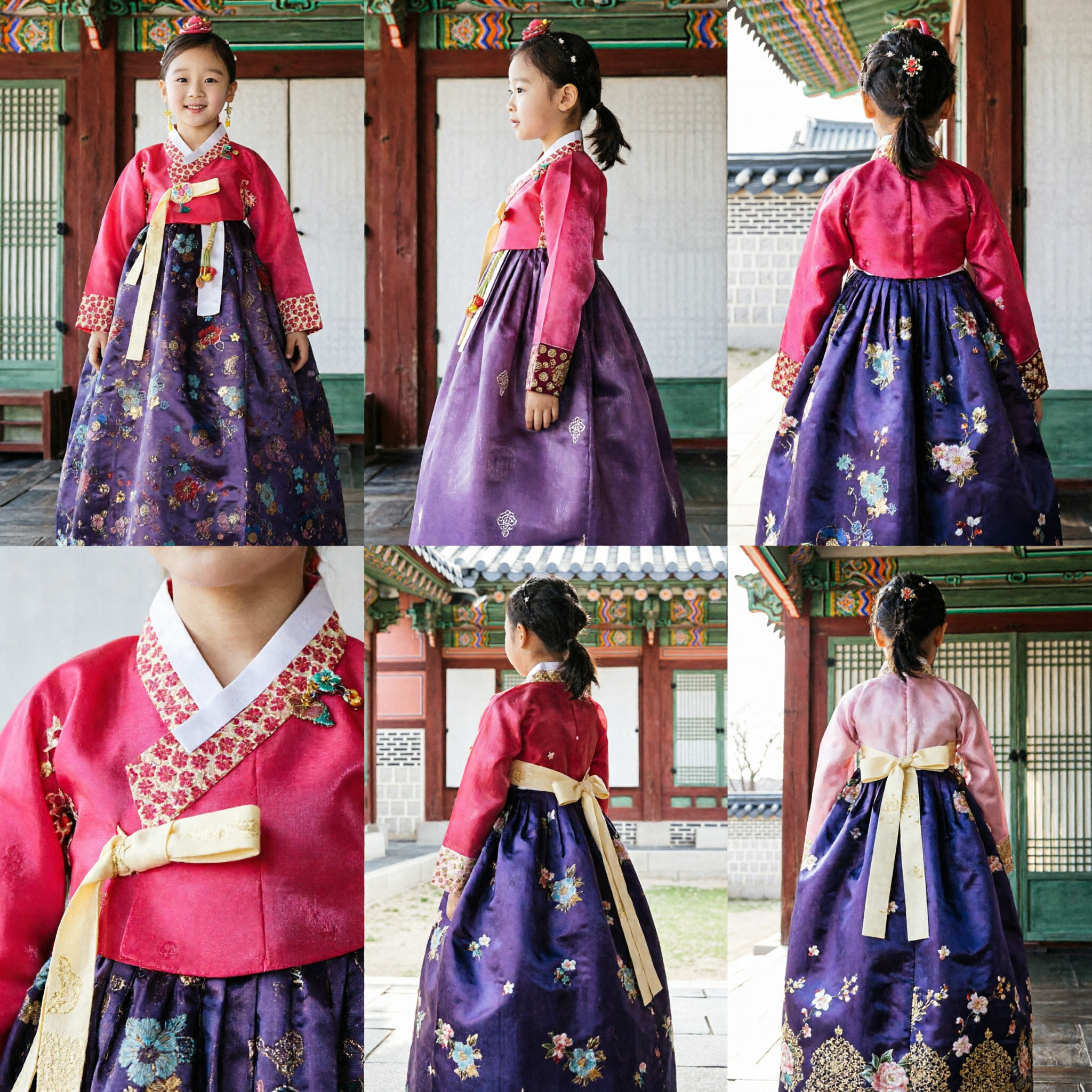 Hanbok Tradicional Coreano para Meninas Jeogori Rosa Chima Roxo Floral Fantasia Infantil para Casamento e Aniversário - Asian Costume