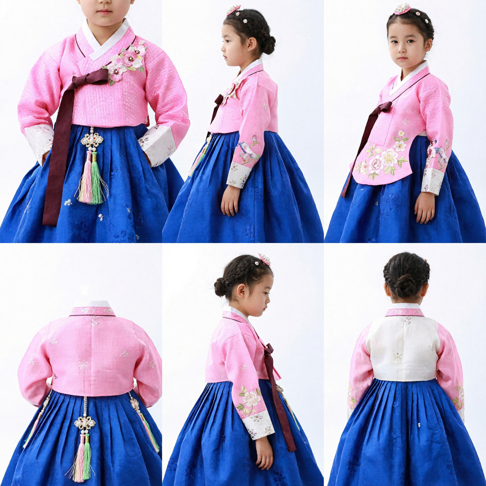 Vestido Tradicional Coreano Hanbok para Niñas Top Rosa Bordado Falda Azul Real para Ocasiones Especiales - Asian Costume