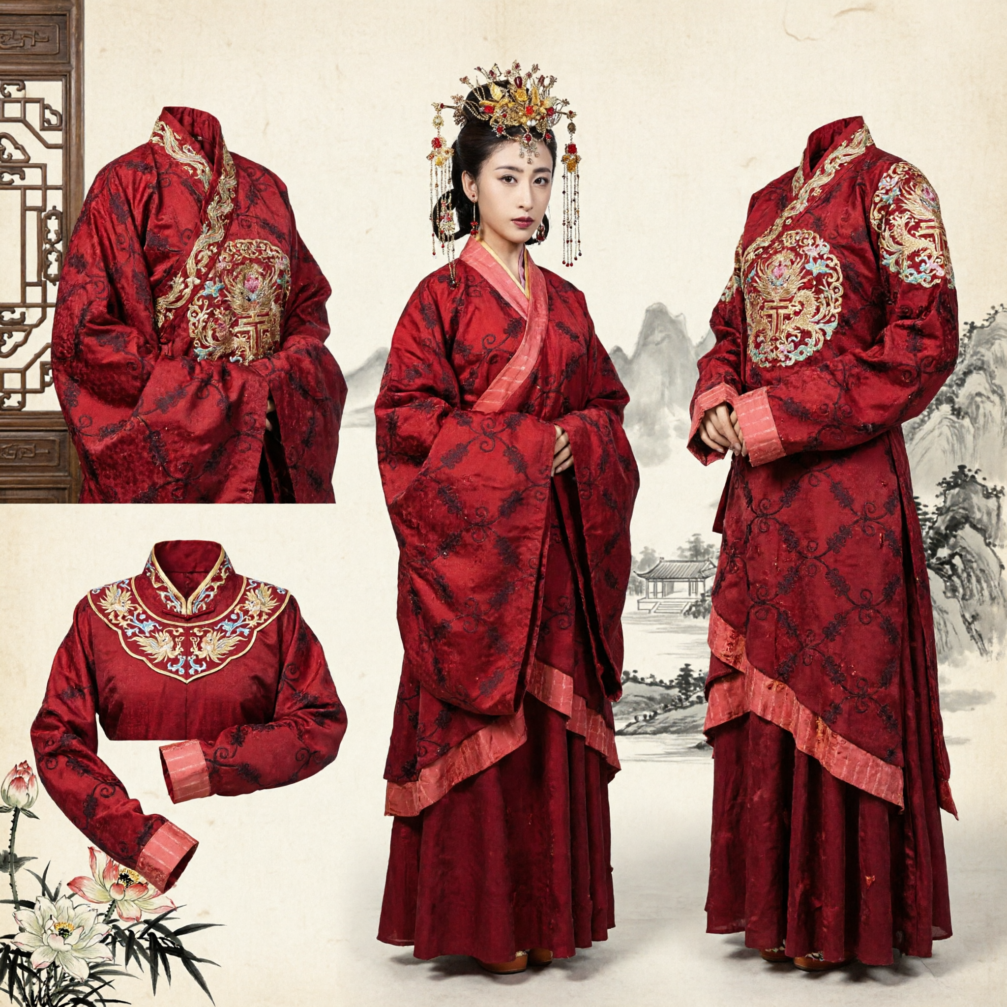 전통 중국 한푸 고대 빨간 로브 한나라 귀부인 의상 여성 코스프레 공연복 - Asian Costume