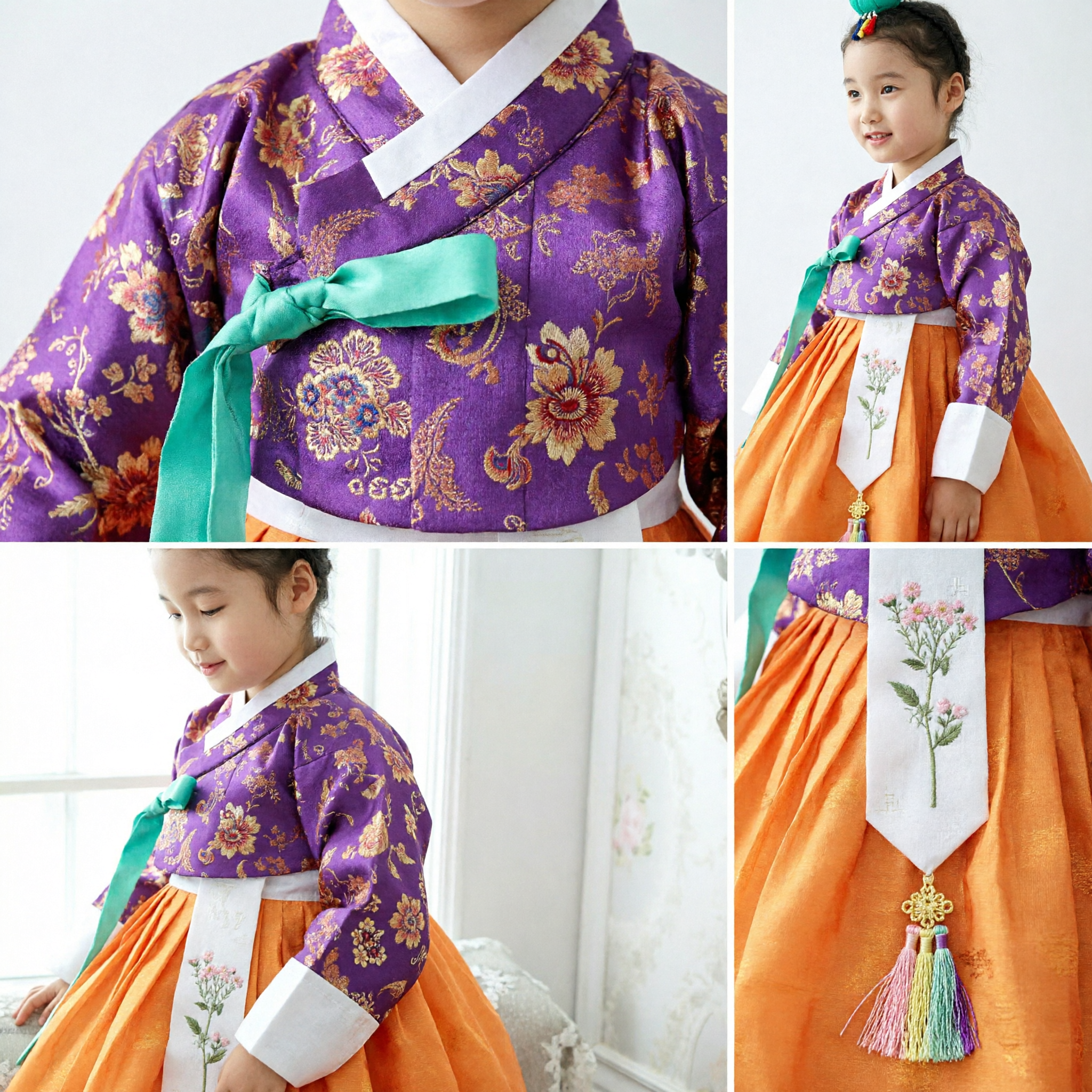 Meisjes Traditionele Koreaanse Hanbok Set Paarse Bloementop Oranje Rok voor Verjaardag Bruiloft Feest - Asian Costume
