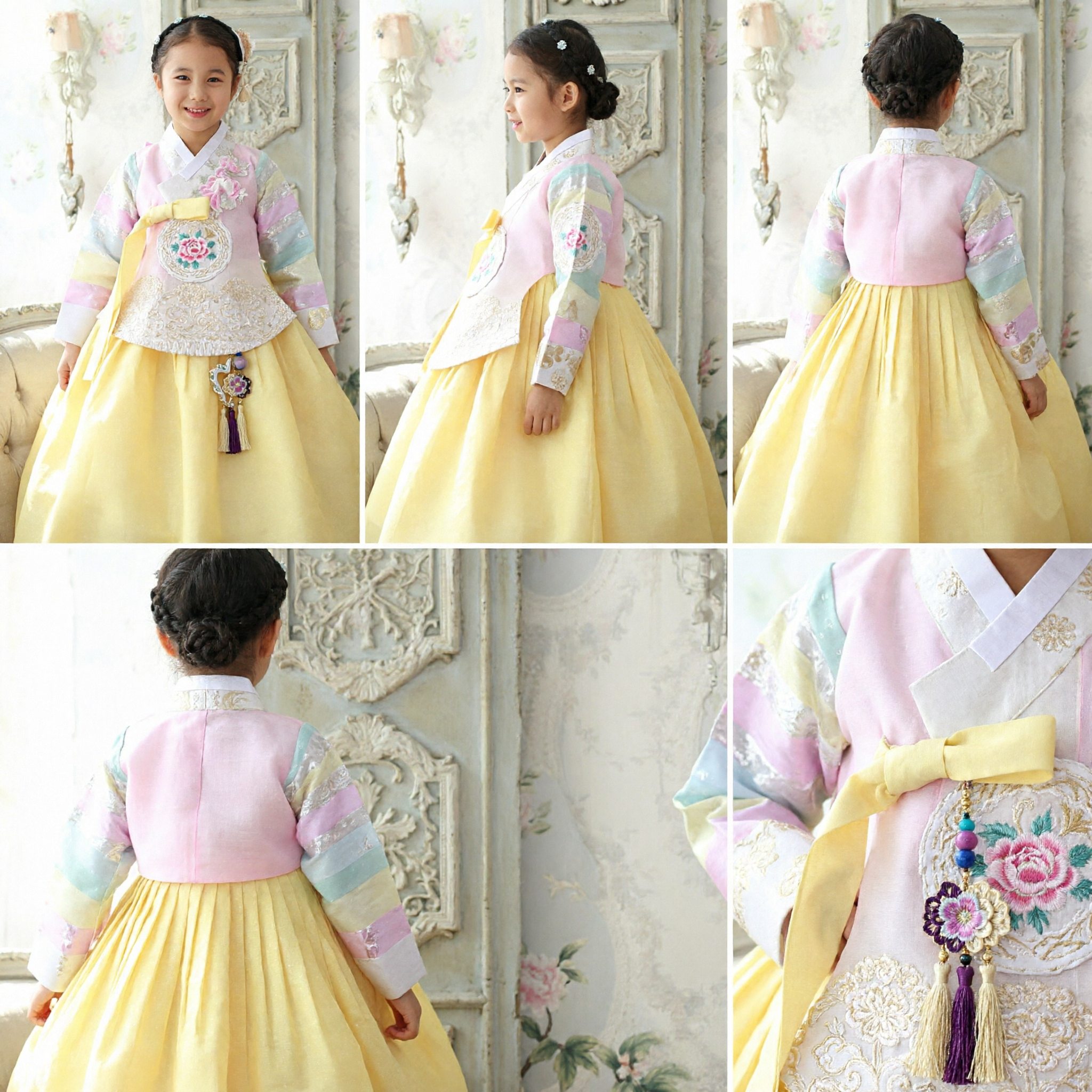 Mädchen traditionelles koreanisches Hanbok-Kleid gelber Rock rosa Oberteil besticktes Kinder-Formalkostüm - Asian Costume