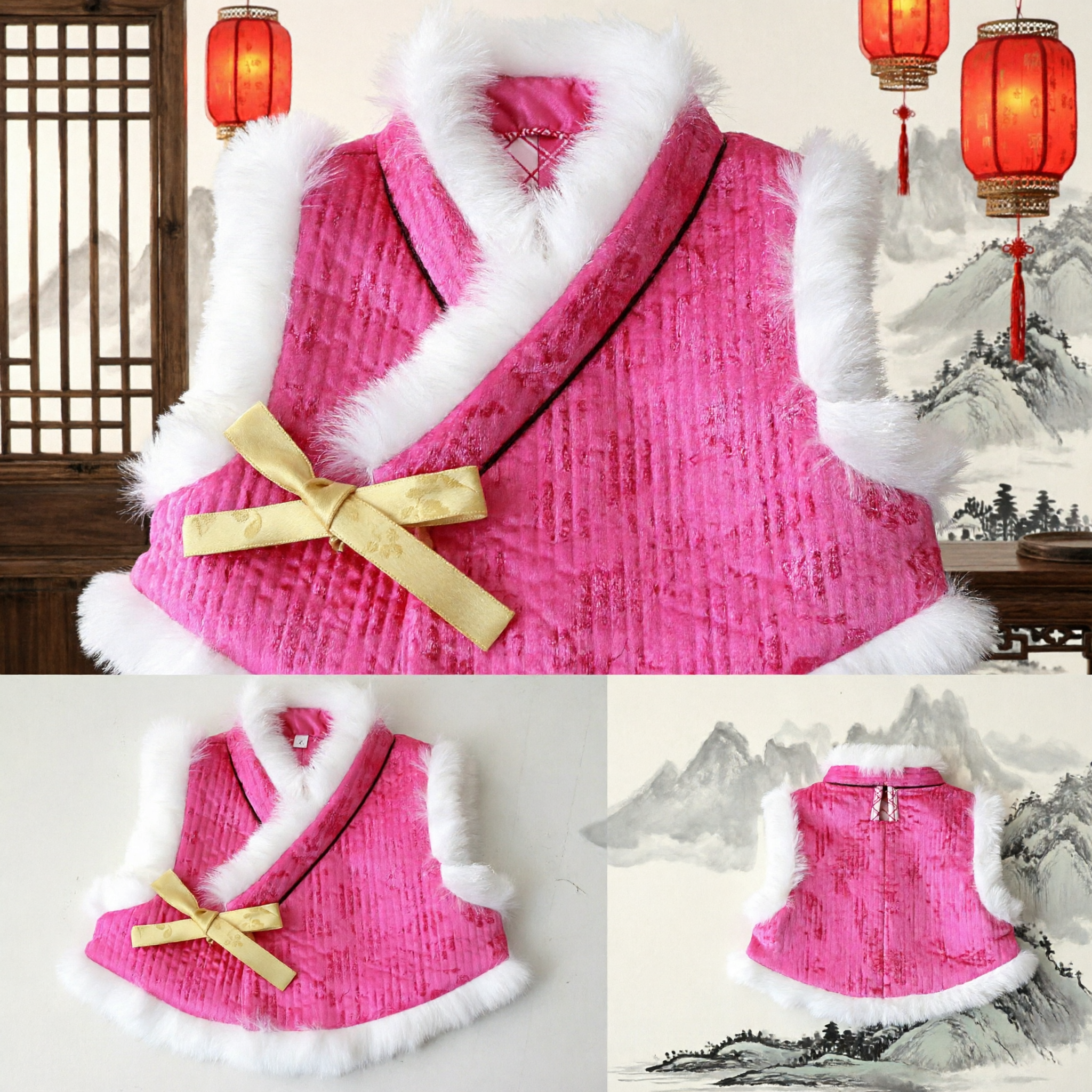 Gilet d'hiver traditionnel chinois rose pour bébés filles avec bordure en fourrure blanche, pour célébration du Nouvel An lunaire - Asian Costume
